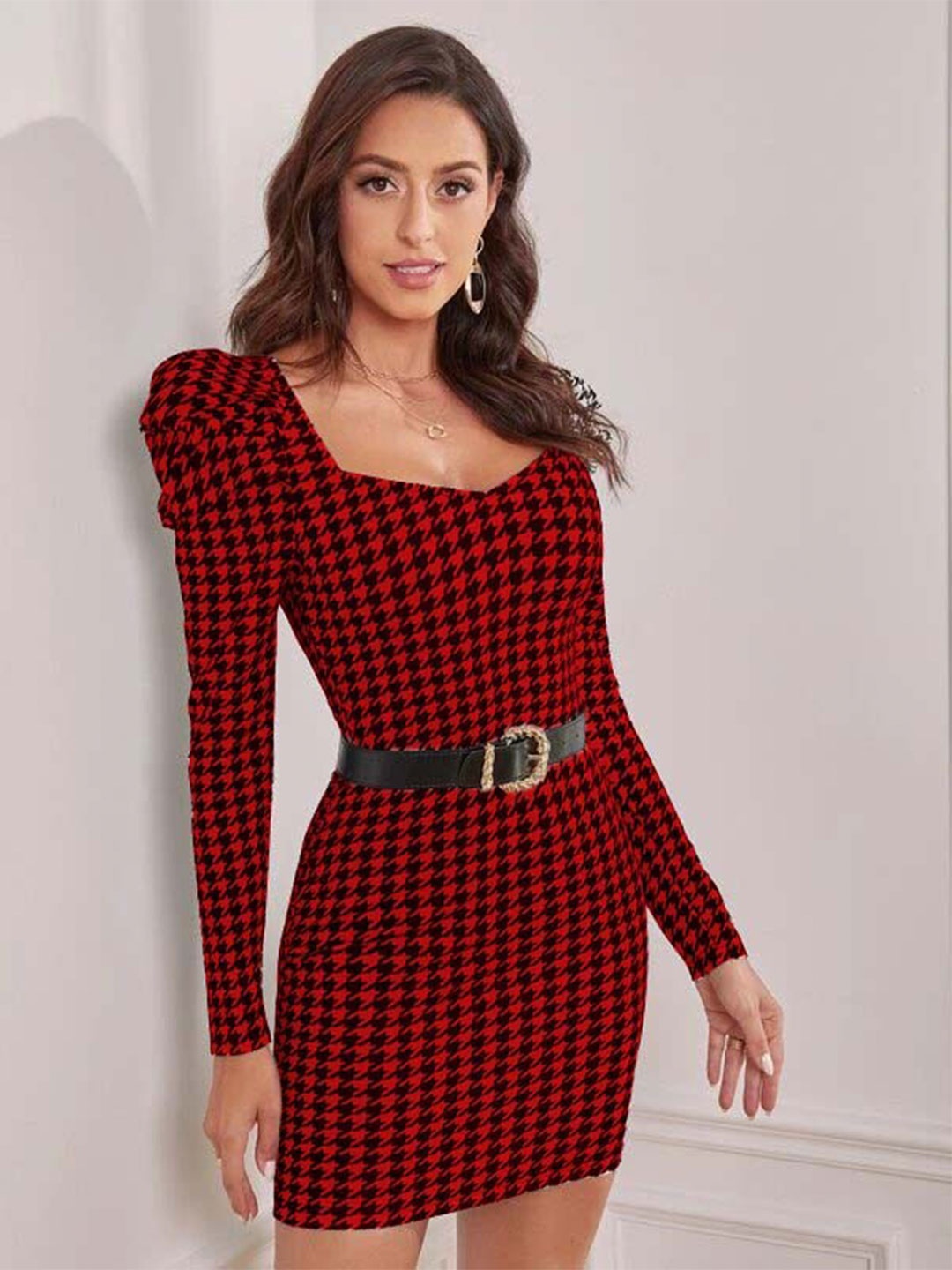 

RAJOVATI Abstract Printed Puff Sleeves Belted Cotton Bodycon Dress, Red