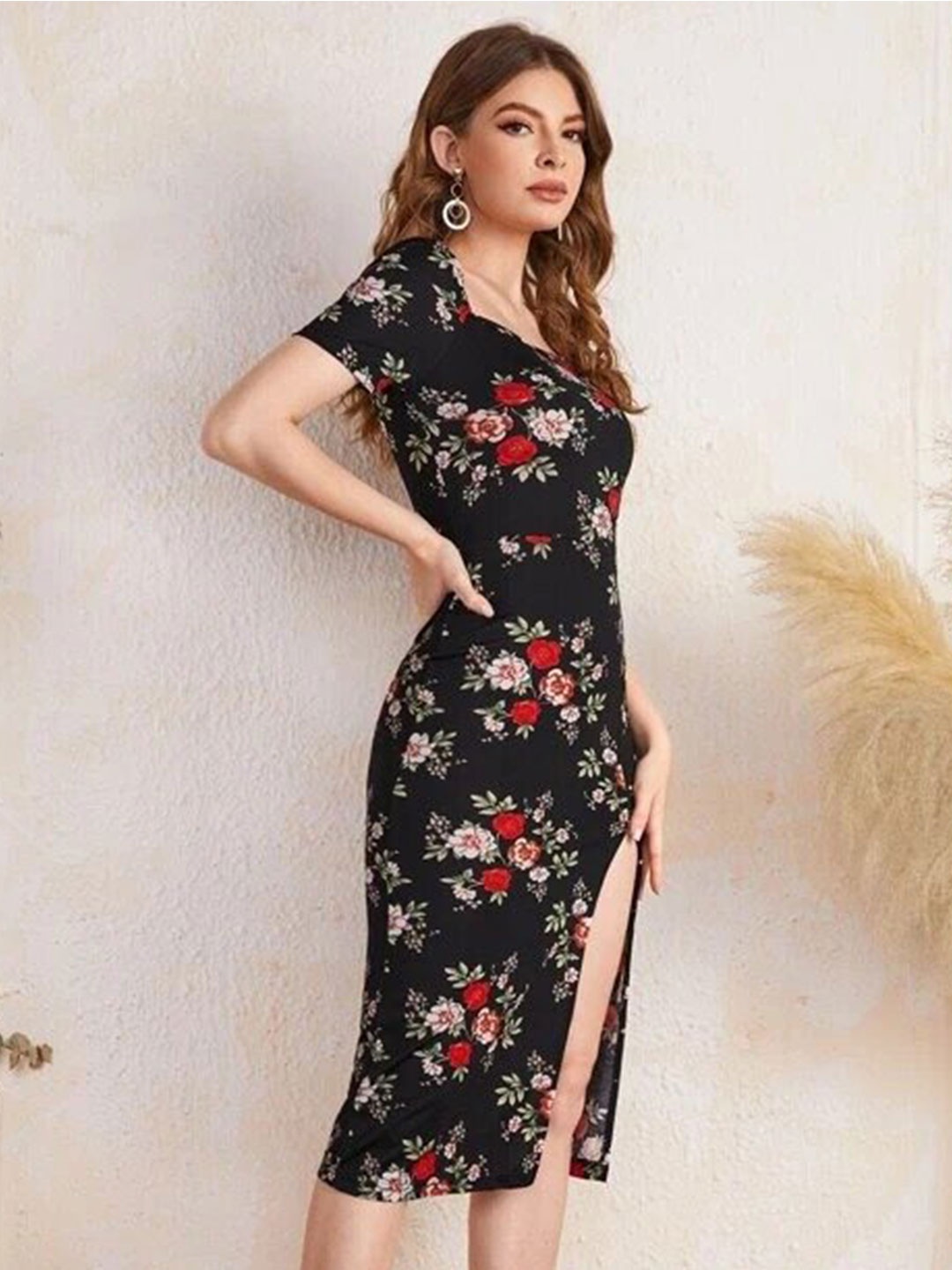 

RAJOVATI Floral Printed Side Slit Cotton Sheath Midi Dress, Black