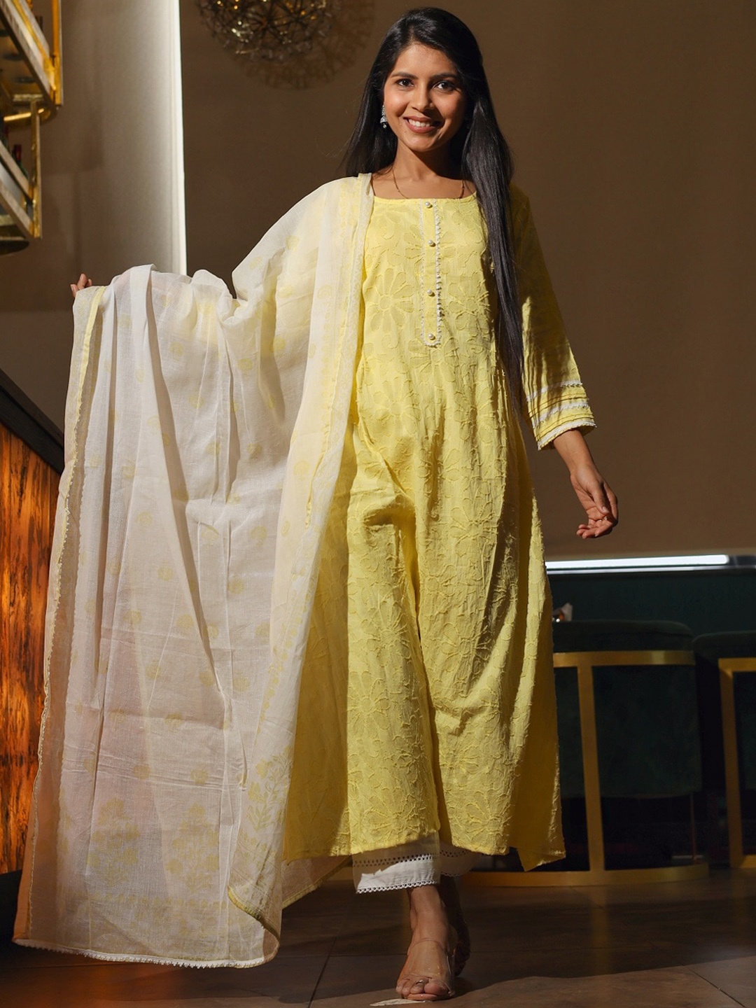 

Hatheli Floral Self Design Pure Cotton Kurta with Palazzos & With Dupatta, Yellow