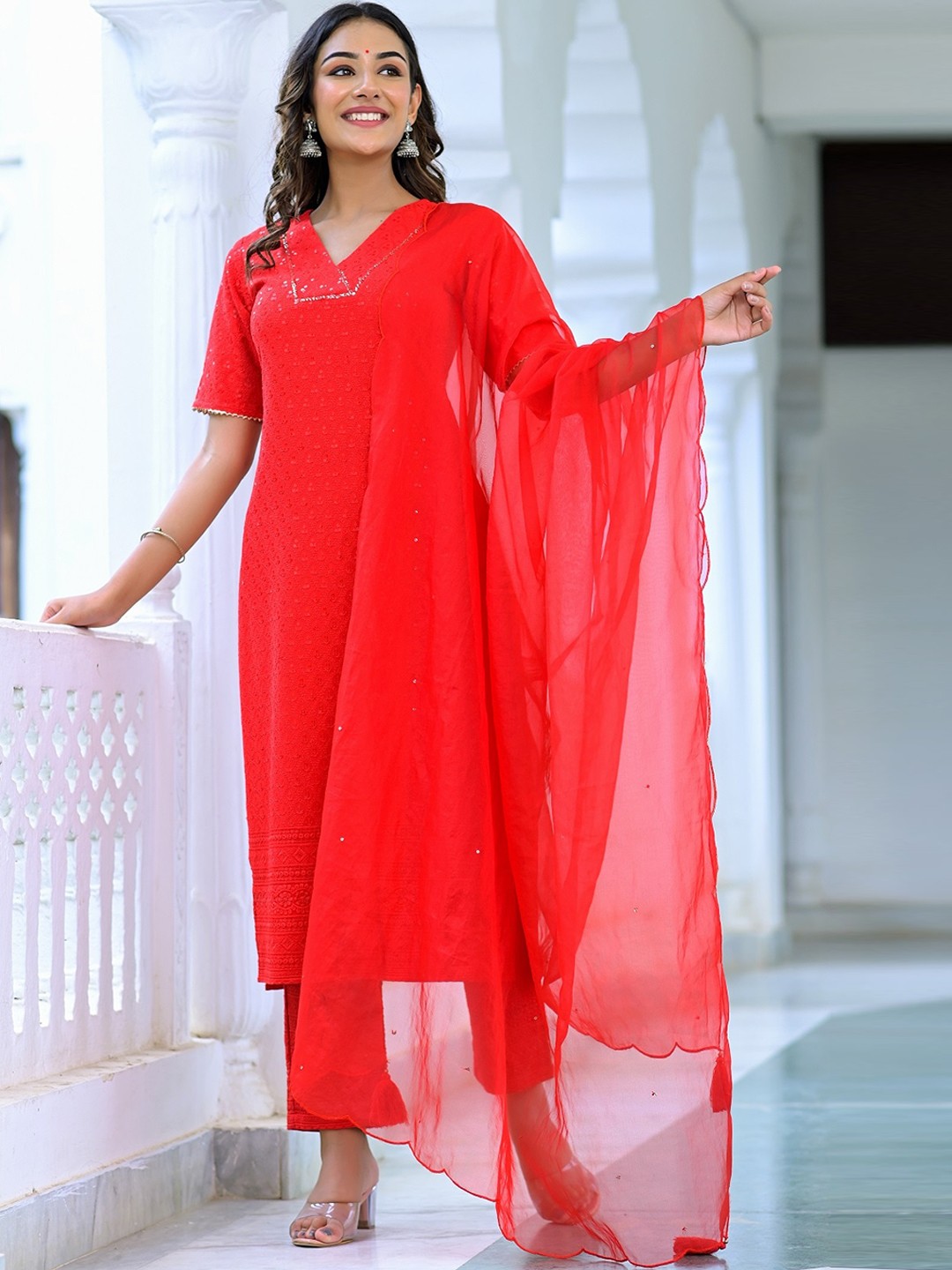 

Hatheli Ethnic Motifs Embroidered Sequinned Kurta with Trousers & Dupatta, Red