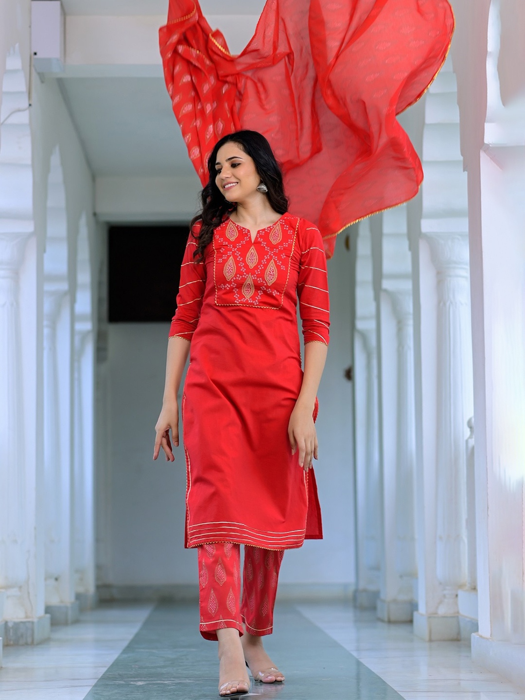 

Hatheli Ethnic Motifs Embroidered Gotta Patti Pure Cotton Kurta with Trousers & Dupatta, Red