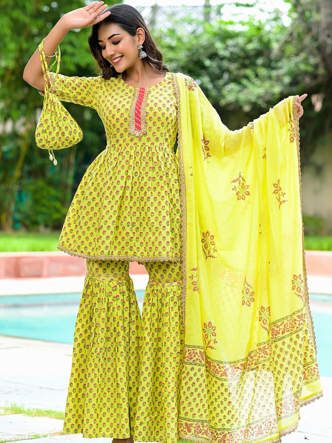 

Hatheli Floral Printed Gotta Patti Pure Cotton Kurta With Sharara & Dupatta, Green