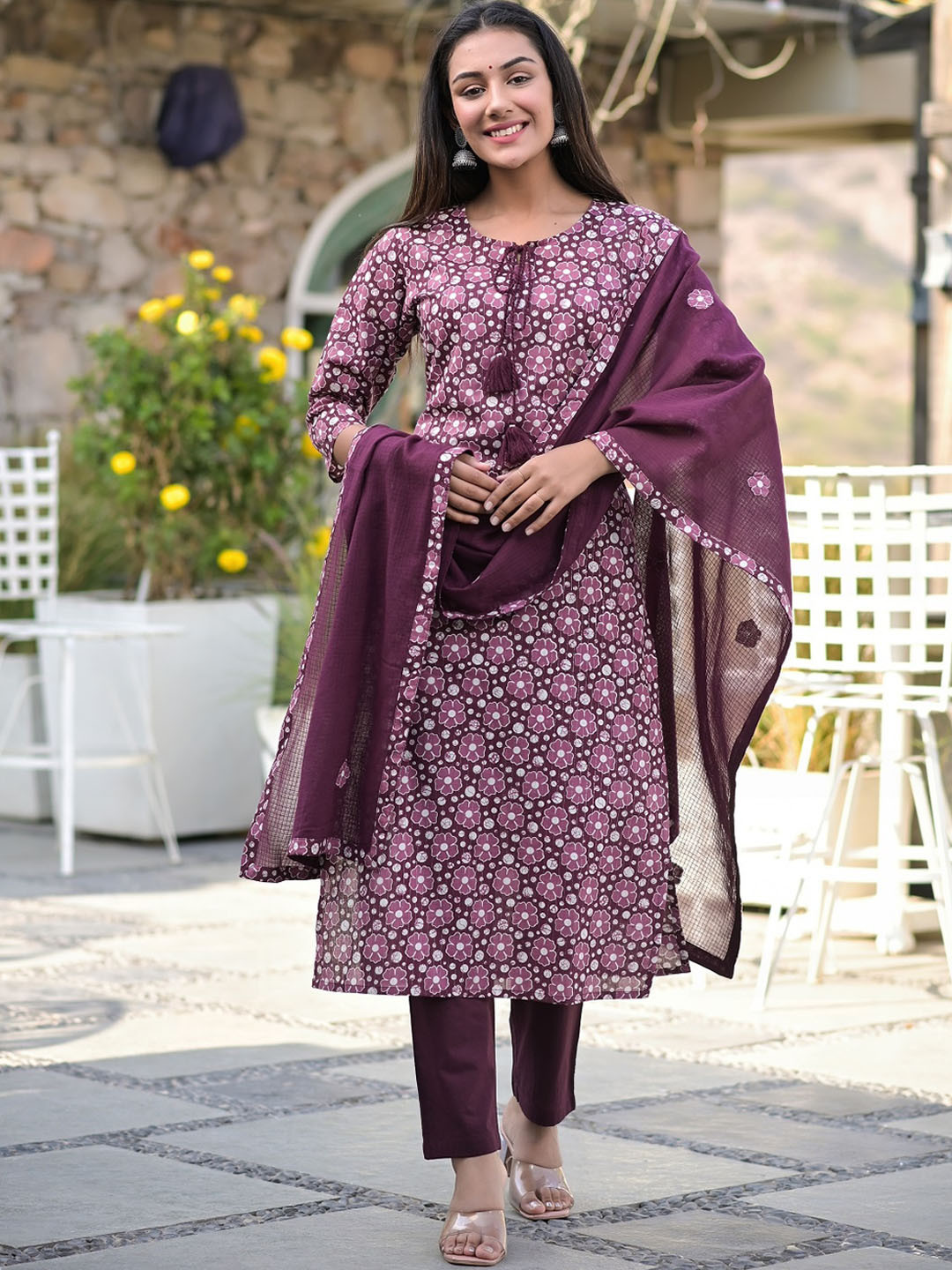 

Hatheli Tie Up Neck Floral Printed Pure Cotton Kurta with Trousers & With Dupatta, Purple