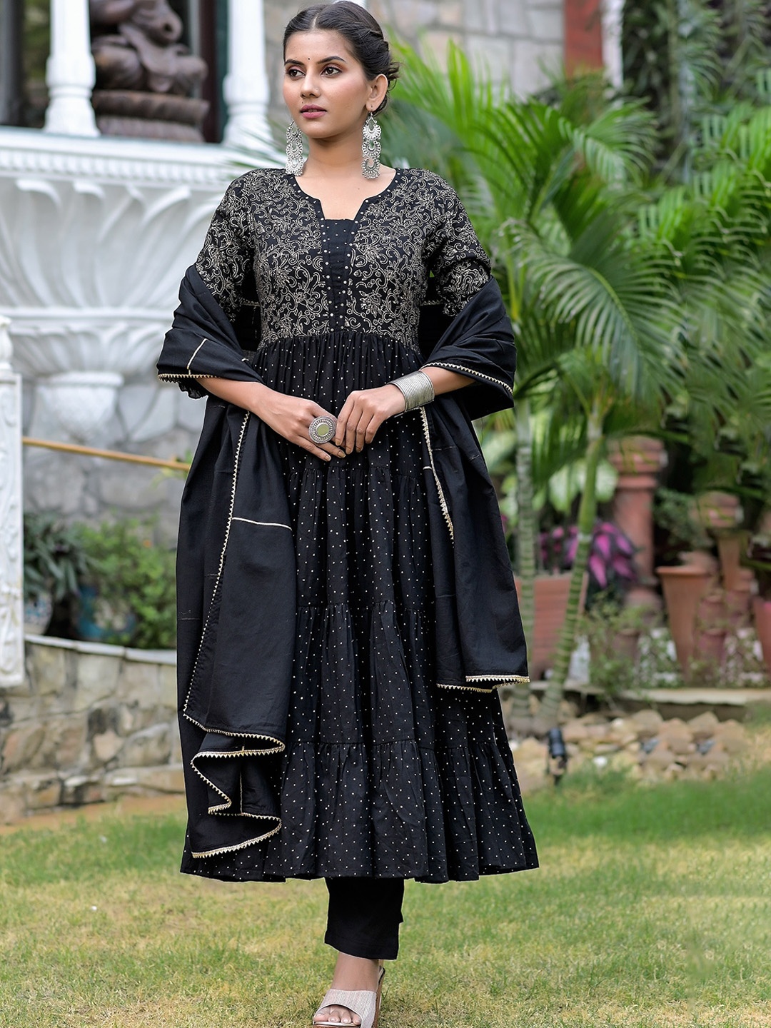 

Hatheli Ethnic Motifs Printed Sequinned Pure Cotton Kurta with Trousers & With Dupatta, Black