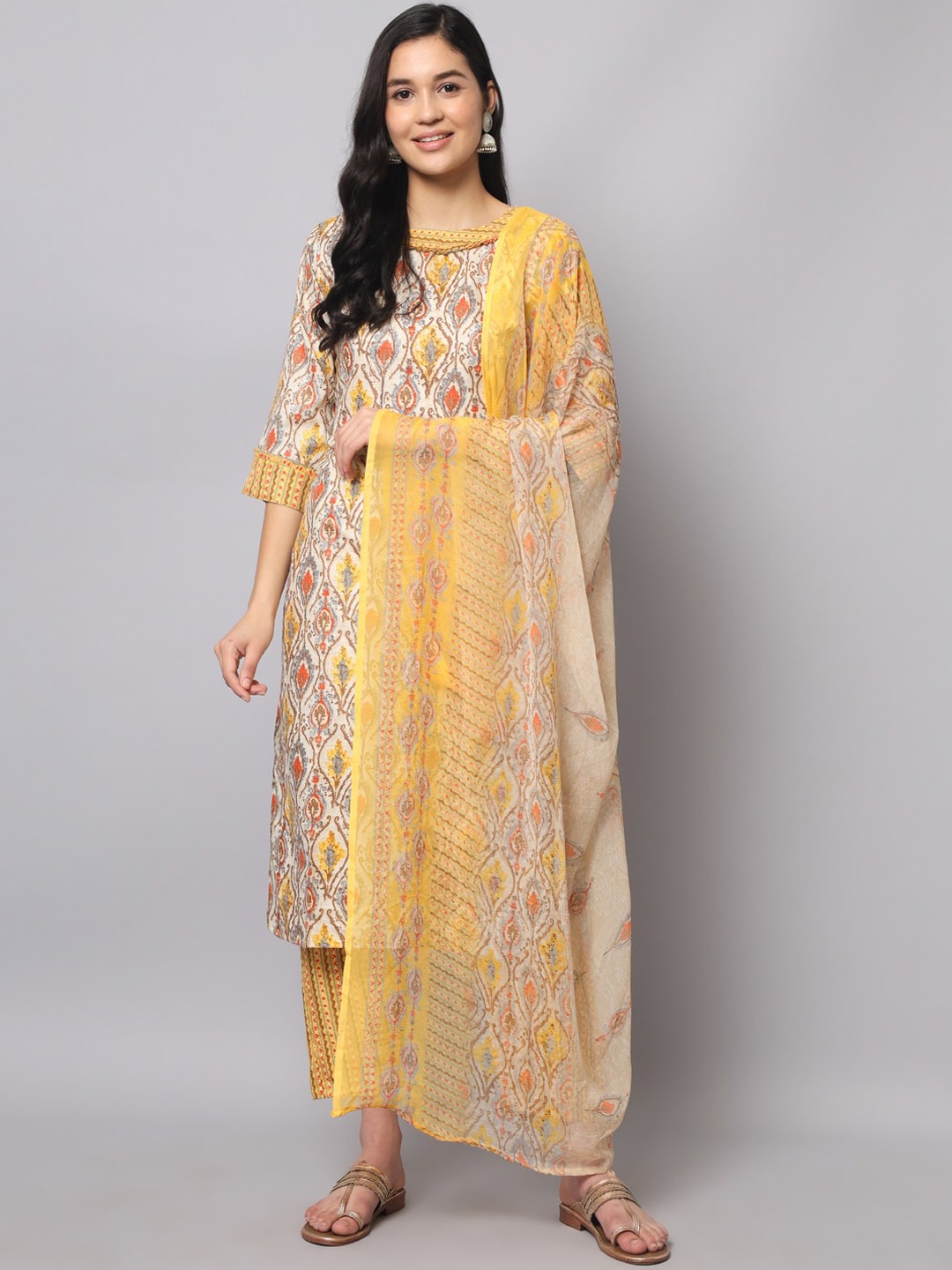 

KALINI Floral Printed Pure Cotton Kurta with Trousers & With Dupatta, Mustard