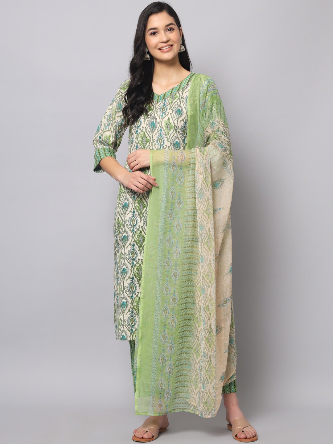 

KALINI Paisley Printed Pure Cotton Kurta with Trousers & With Dupatta, Green