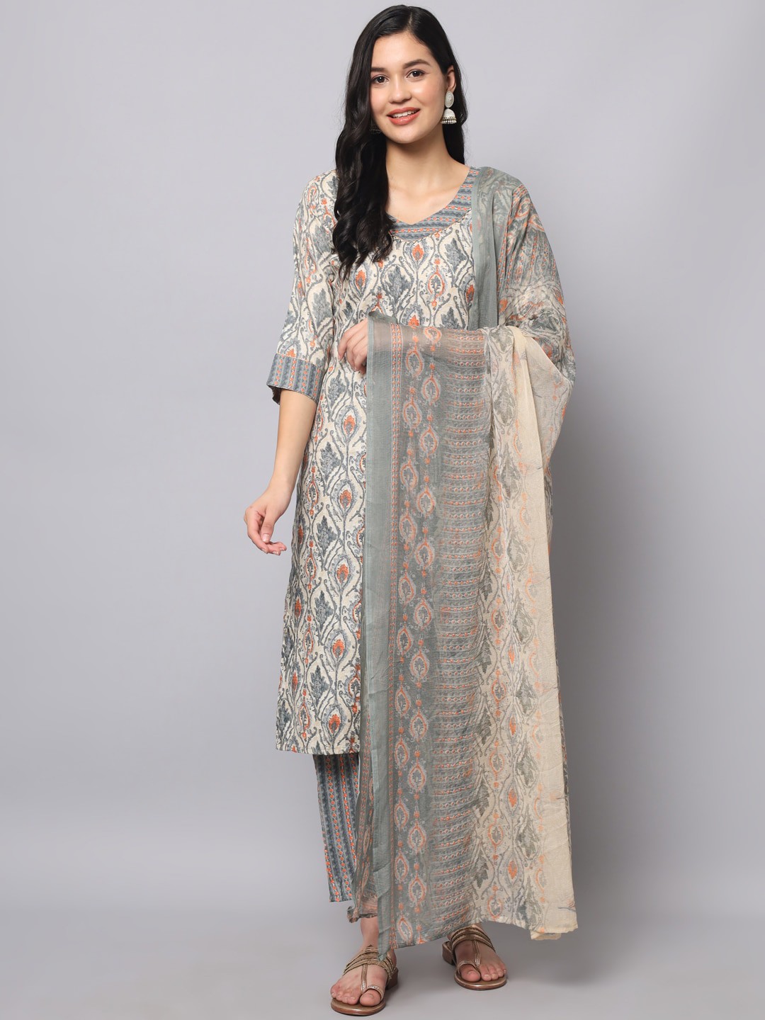 

KALINI Ethnic Motifs Printed Pure Cotton Kurta With Trousers & Dupatta, Grey