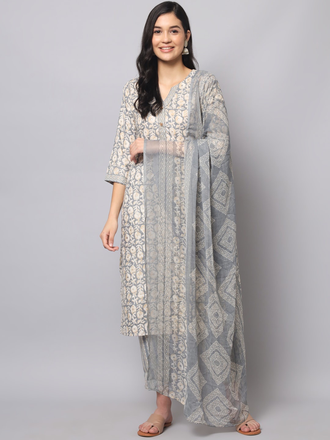 

KALINI Floral Printed Regular Kurta with Trousers & With Dupatta, Grey