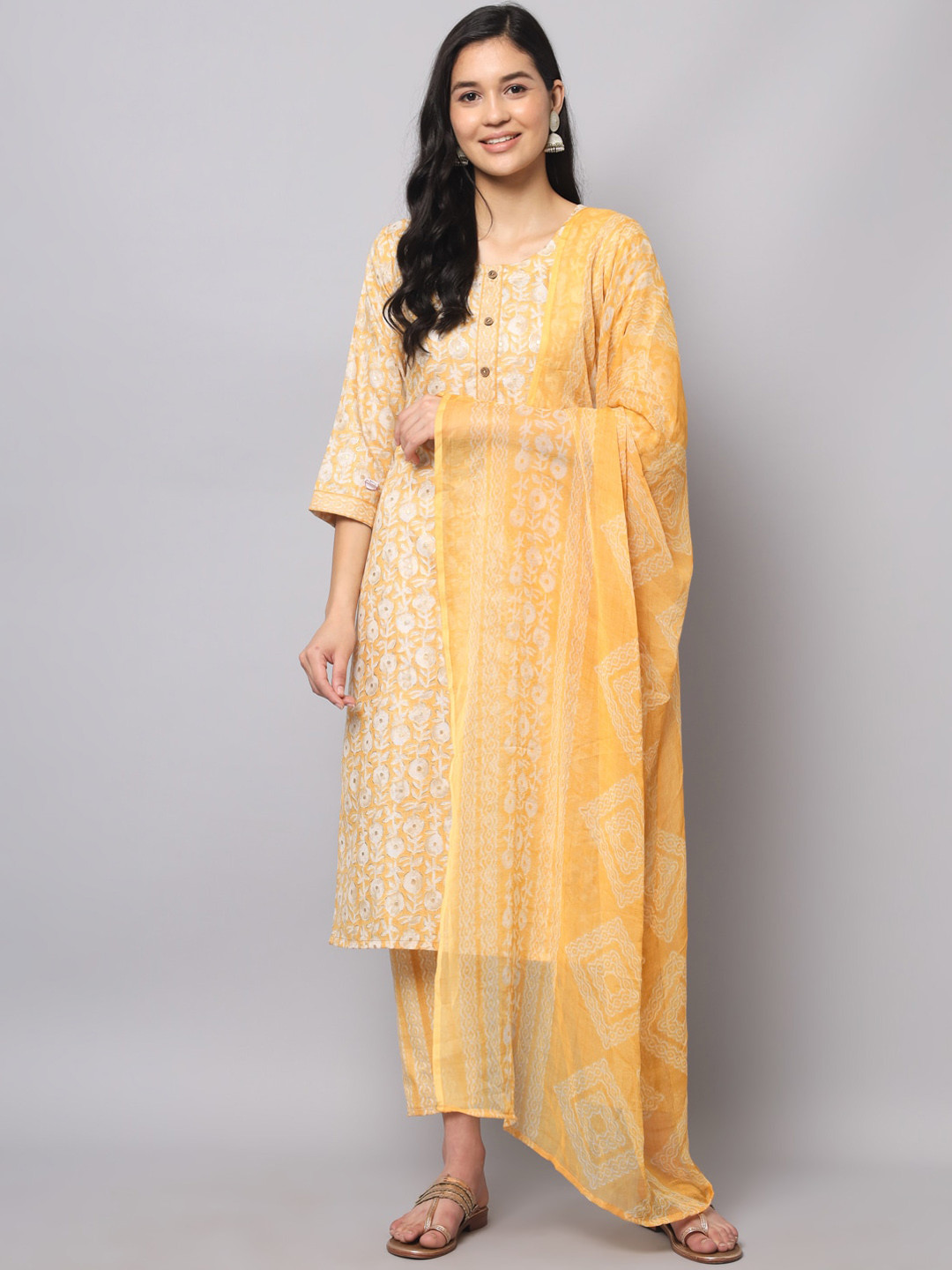 

KALINI Floral Printed Regular Kurta with Trousers & With Dupatta, Yellow