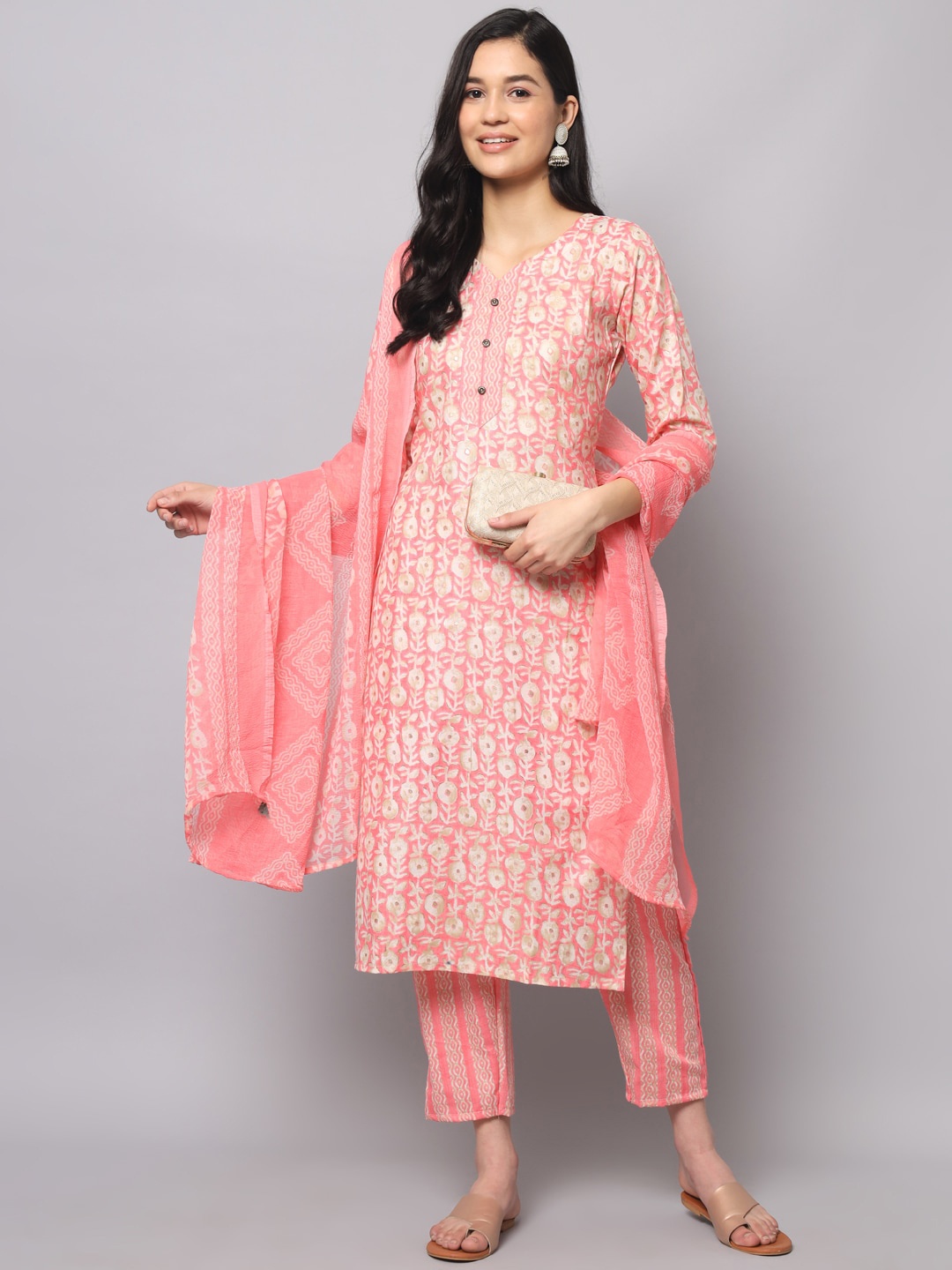 

KALINI Floral Printed Regular Kurta with Trousers & With Dupatta, Pink