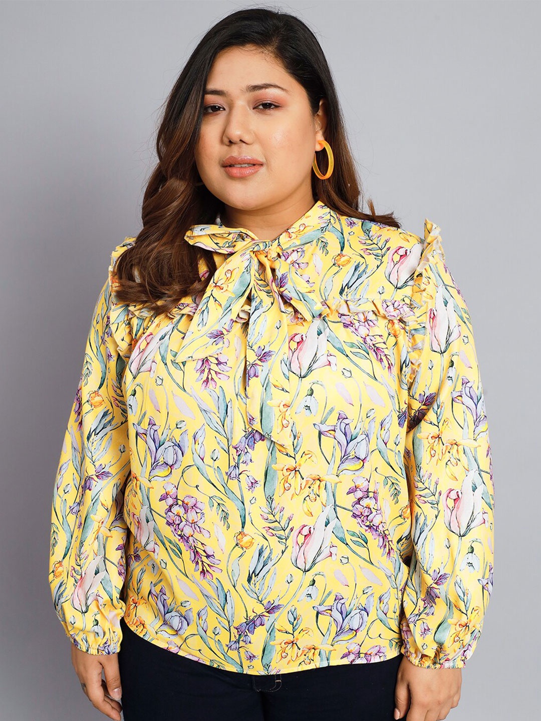 

BEYOUND SIZE - THE DRY STATE Plus Size Floral Printed Tie-Up Neck Puff Sleeve Top, Yellow