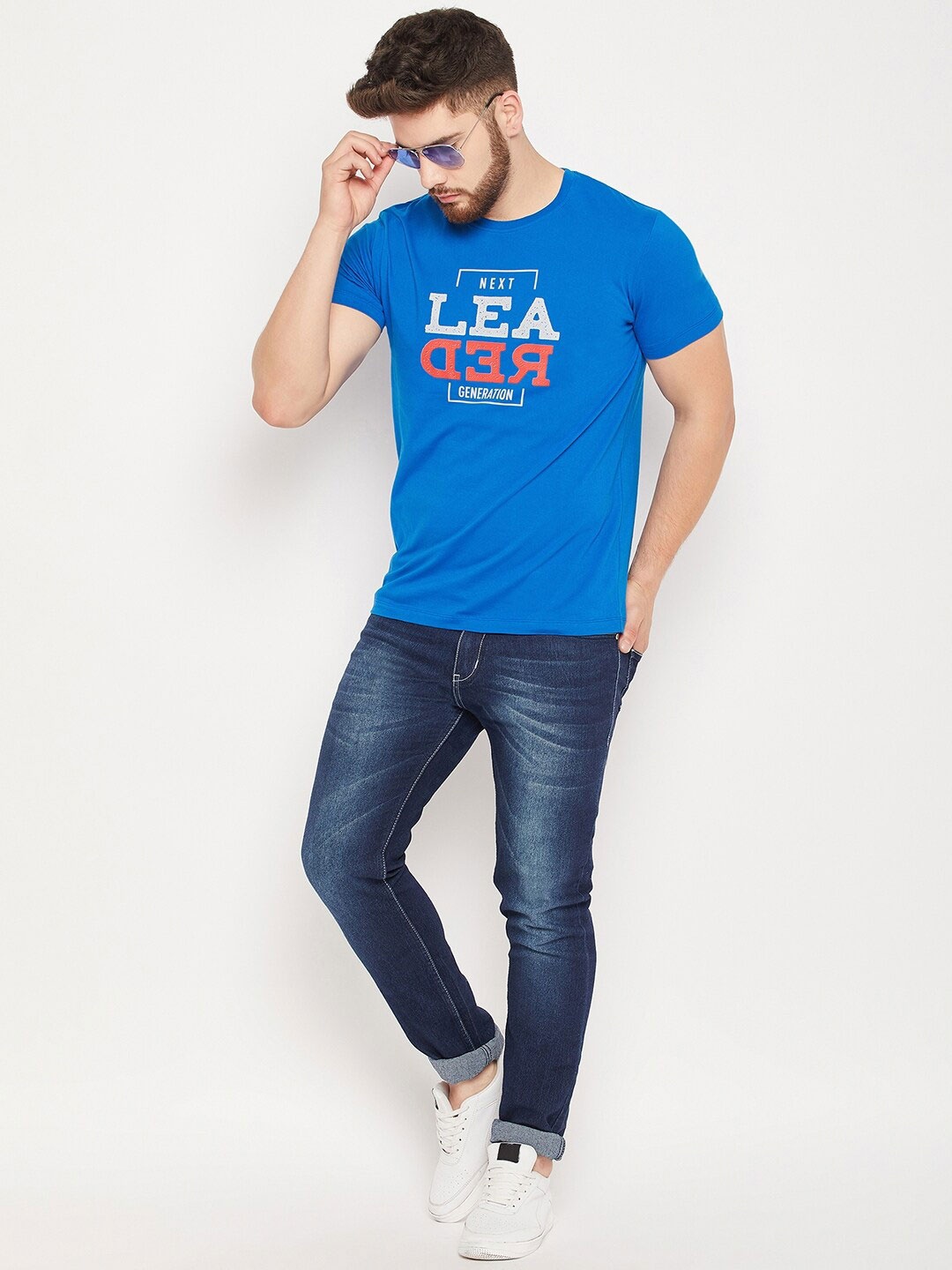 

Mast & Harbour Blue Typography Printed Pure Cotton T-shirt