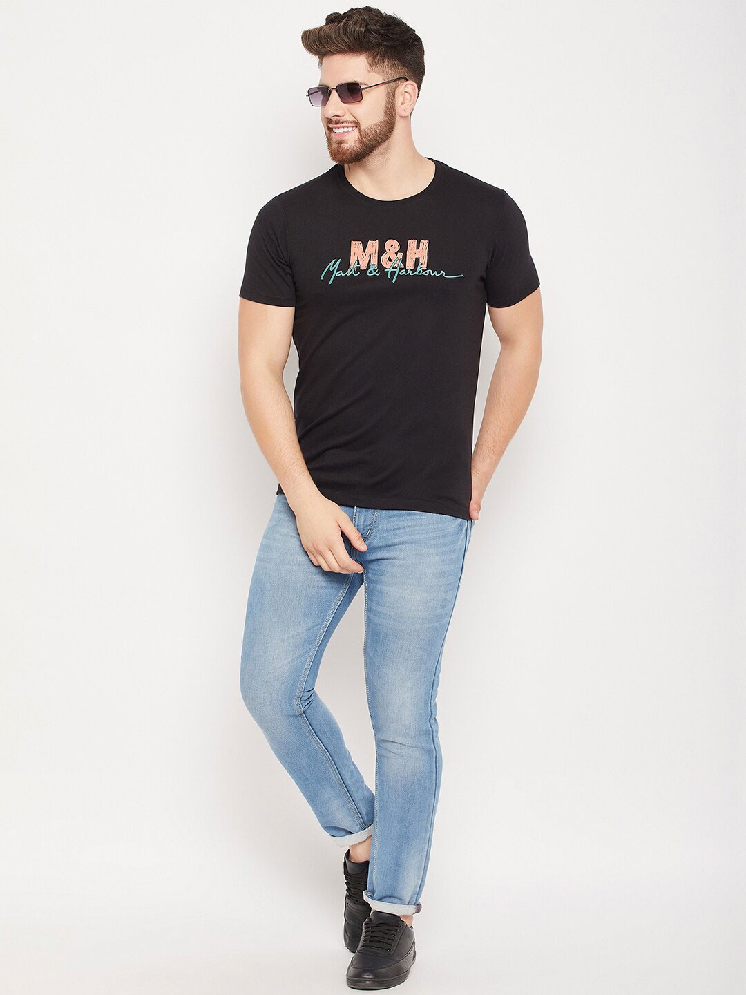 

Mast & Harbour Black Typography Printed Pure Cotton T-shirt