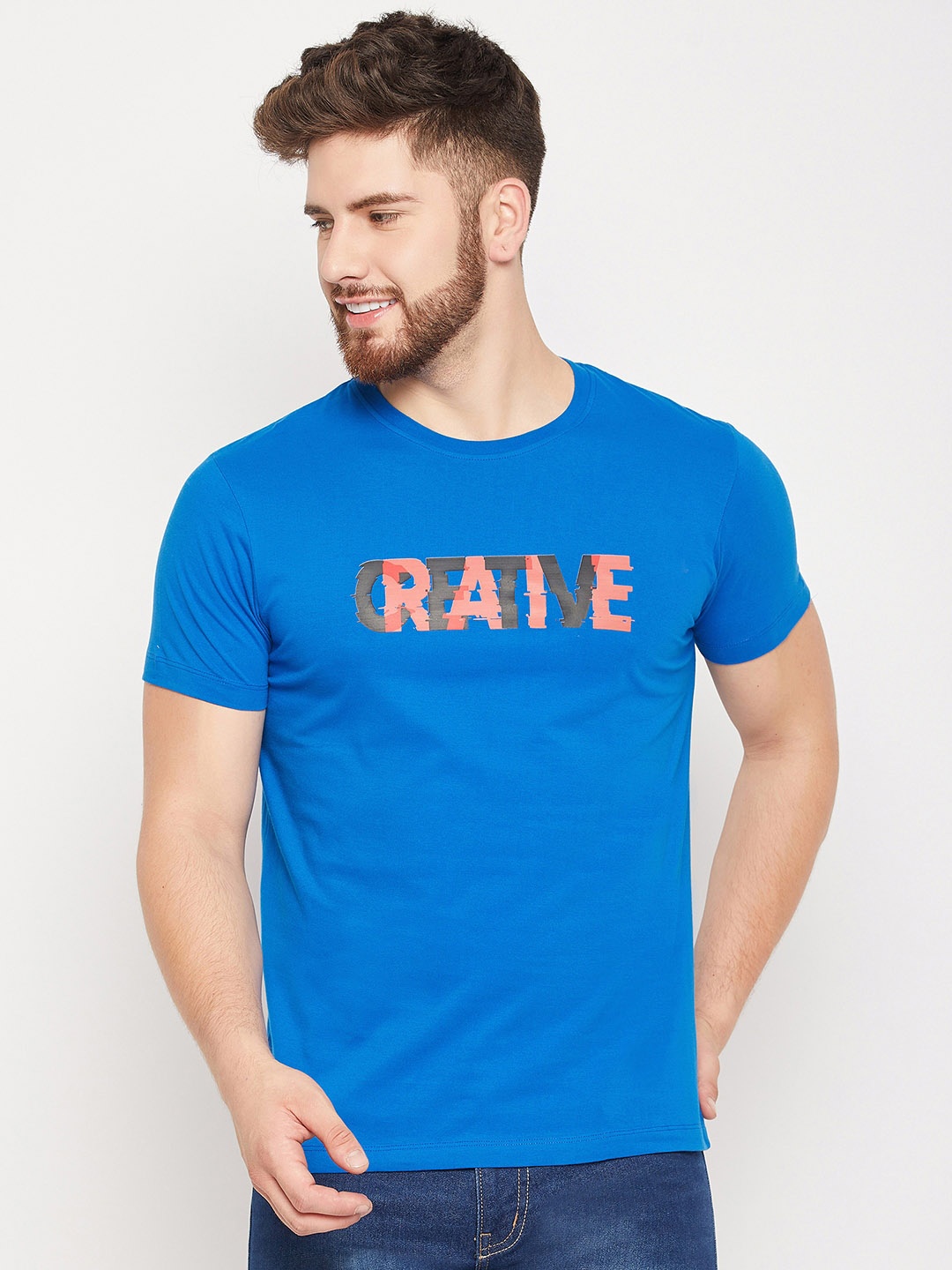 

Mast & Harbour Blue Typography Printed Pure Cotton T-shirt