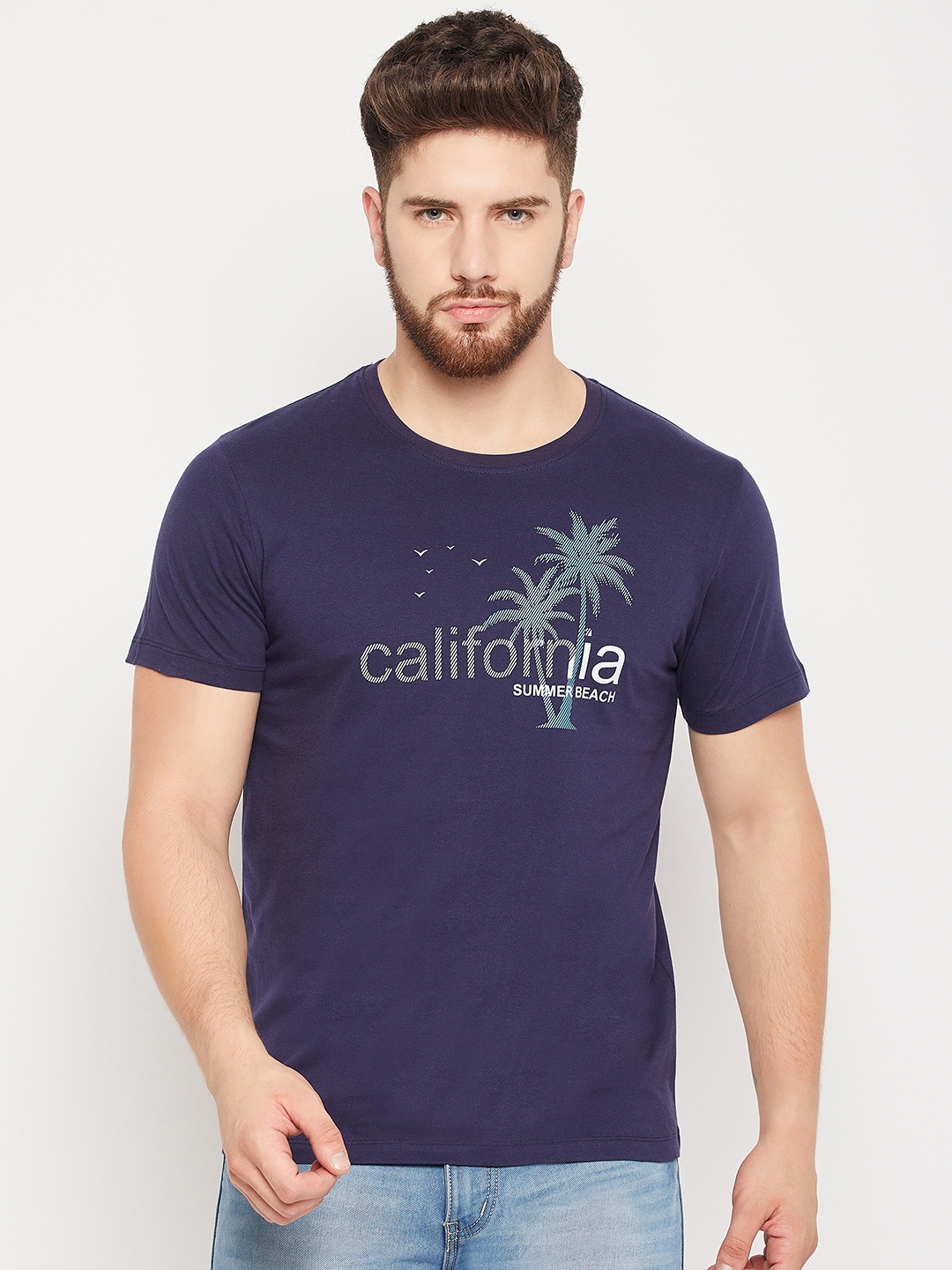 

Mast & Harbour Navy Blue Typography Printed Pure Cotton T-shirt