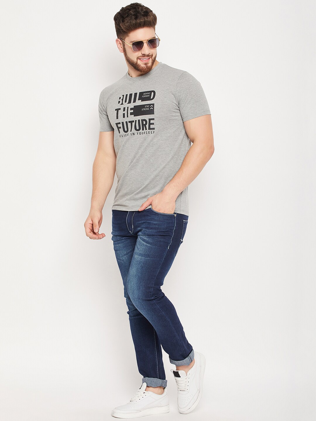 

Mast & Harbour Grey Typography Printed Pure Cotton T-shirt