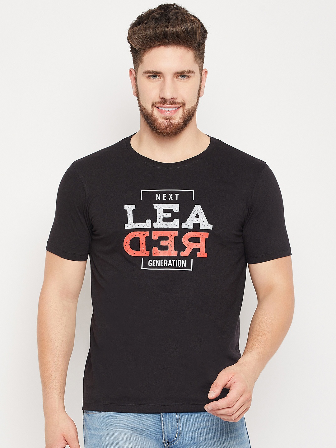Mast & Harbour Black Typography Printed Pure Cotton T-shirt