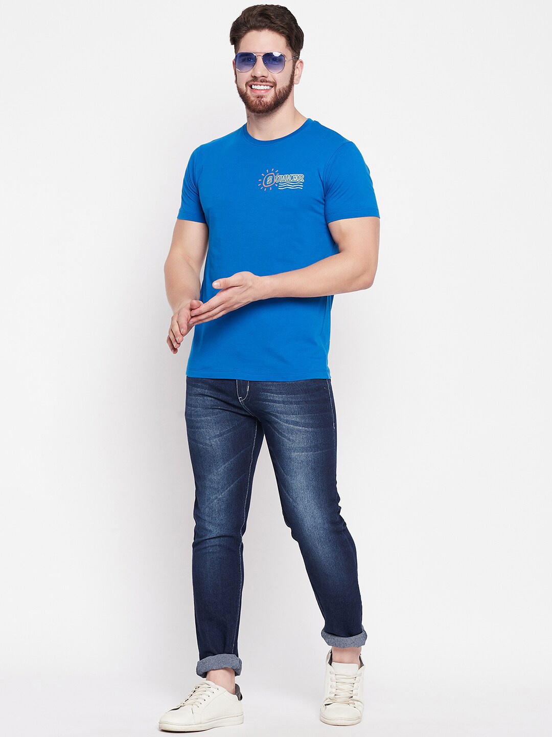 

Mast & Harbour Blue Round Neck Pure Cotton T-shirt