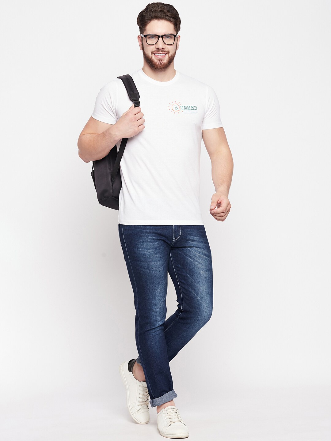 Mast & Harbour White Typography Printed Pure Cotton T-shirt