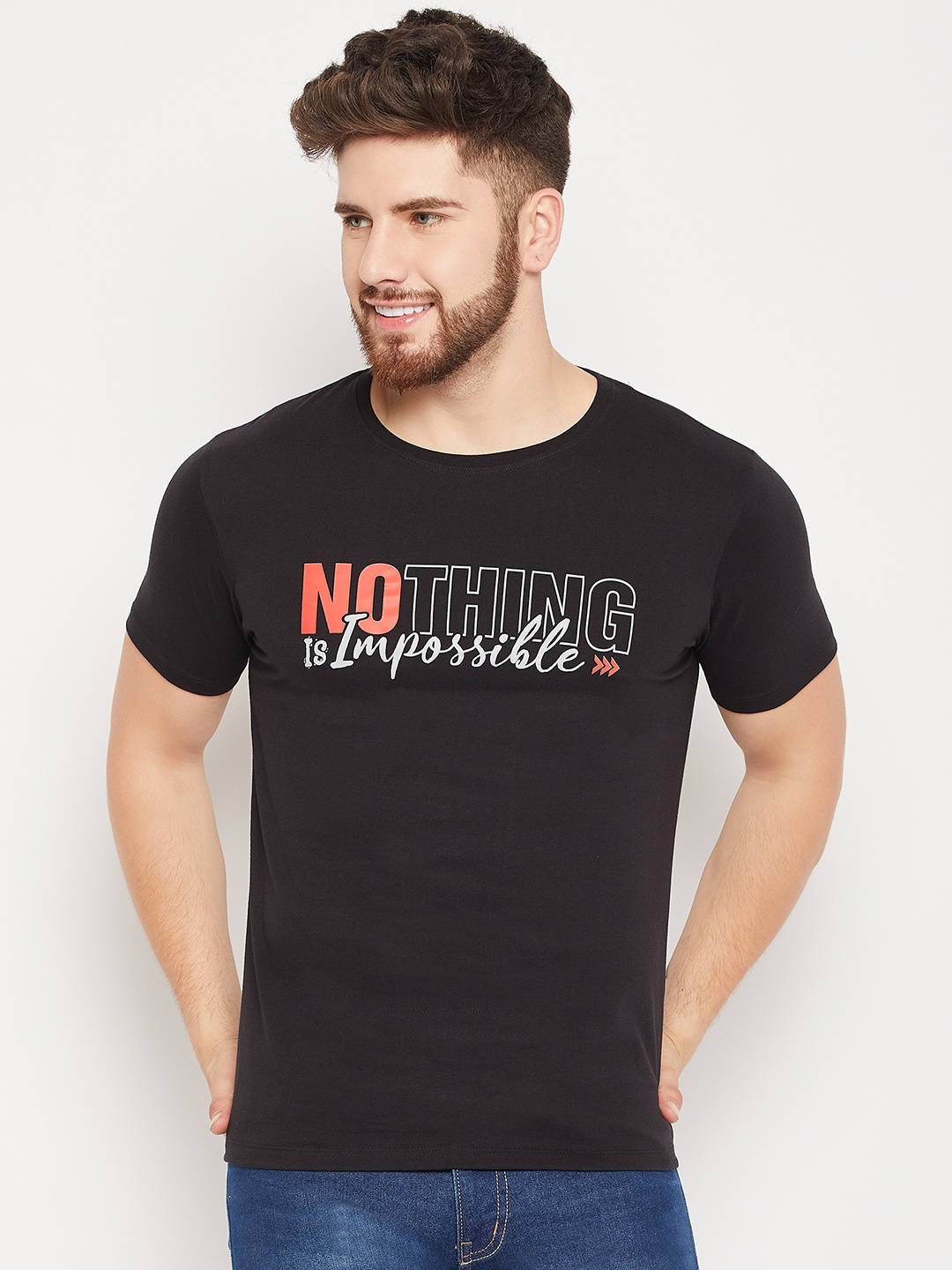 Mast & Harbour Black Typography Printed Pure Cotton T-shirt