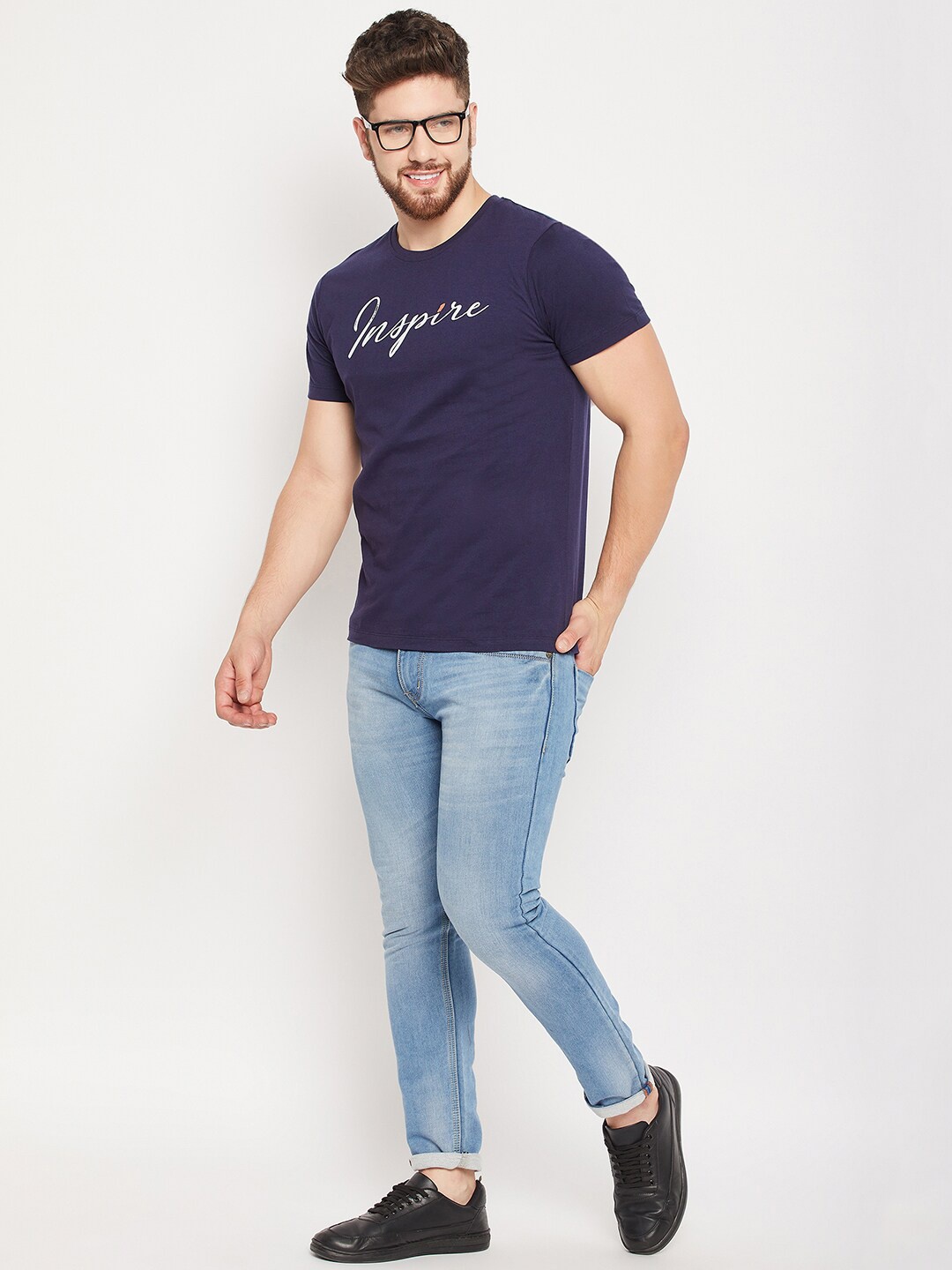 Mast & Harbour Navy Blue Typography Printed Pure Cotton T-shirt