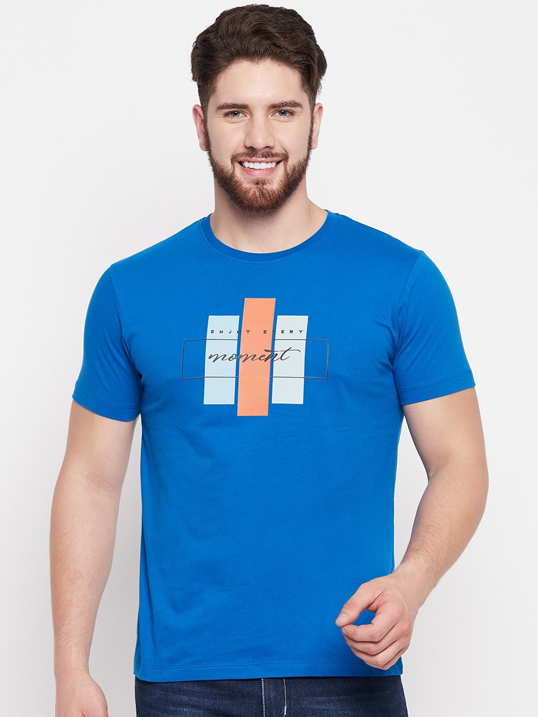 

Mast & Harbour Blue Typography Printed Pure Cotton T-shirt