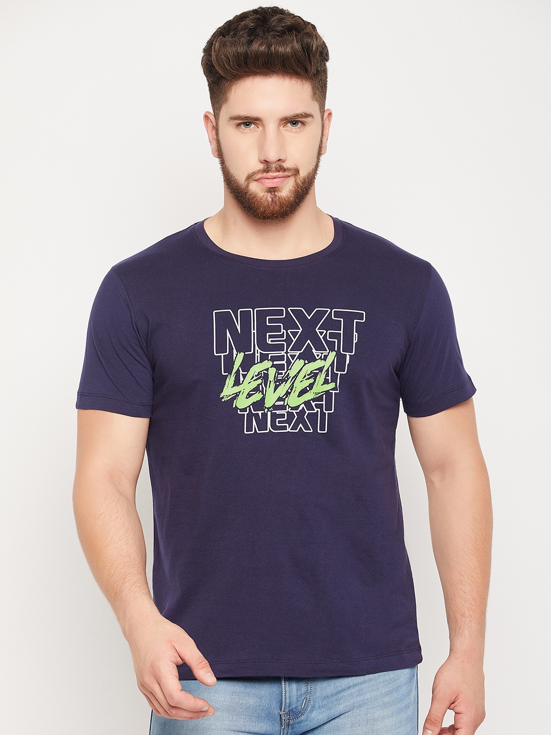 

Mast & Harbour Navy Blue Typography Printed Pure Cotton T-shirt