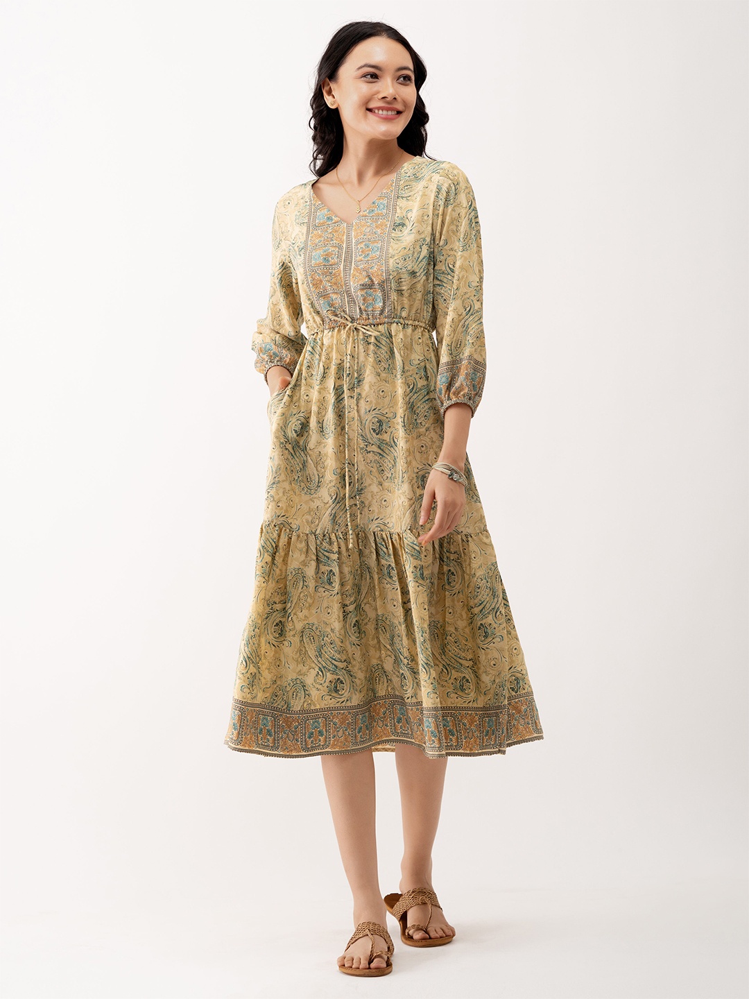 

AASK Ethnic Motifs Printed Tiered Gather Detailed Fit & Flare Dress, Beige