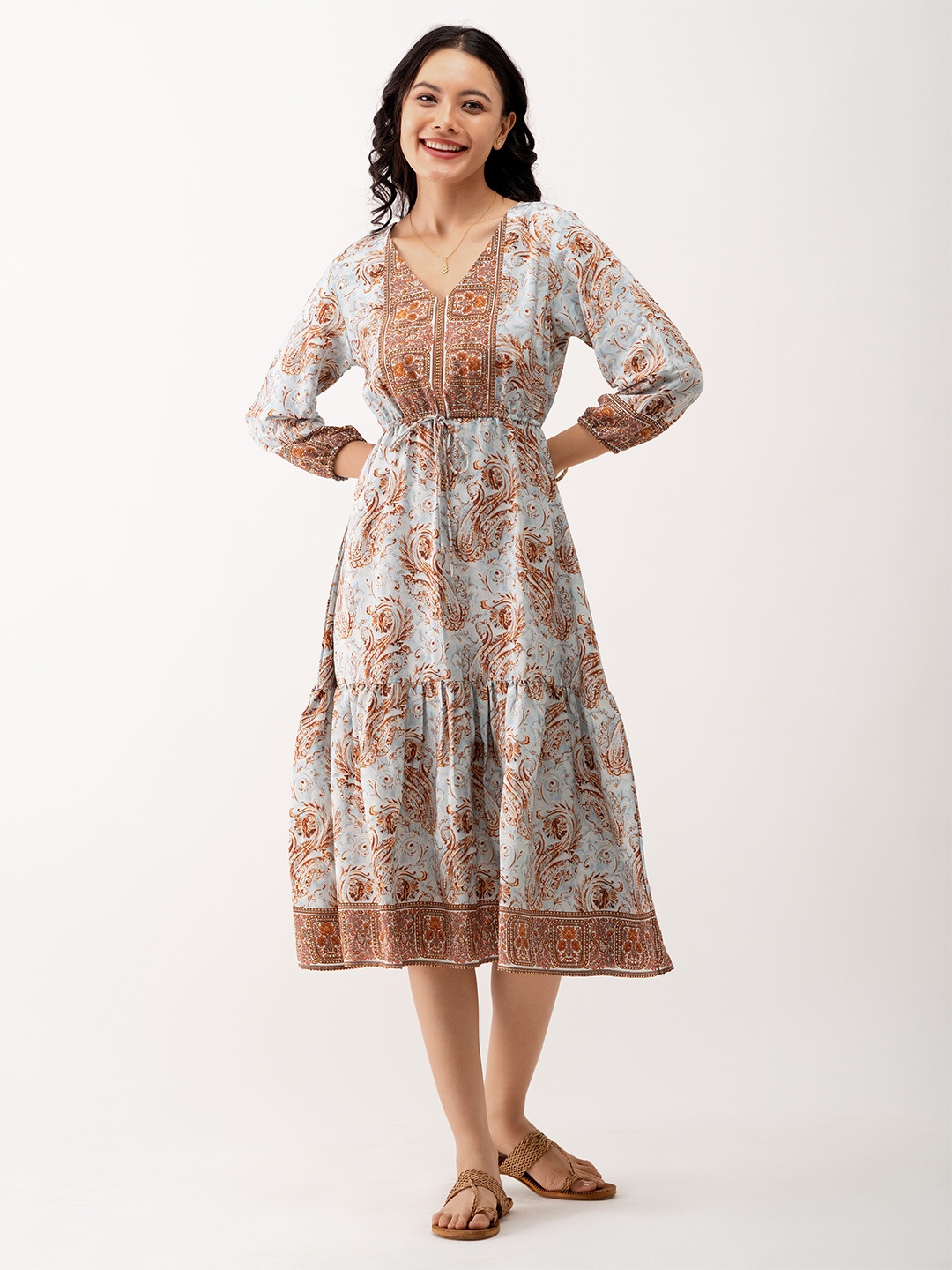 

AASK Ethnic Printed Tiered Gather Detailed Fit & Flare Dress, Blue
