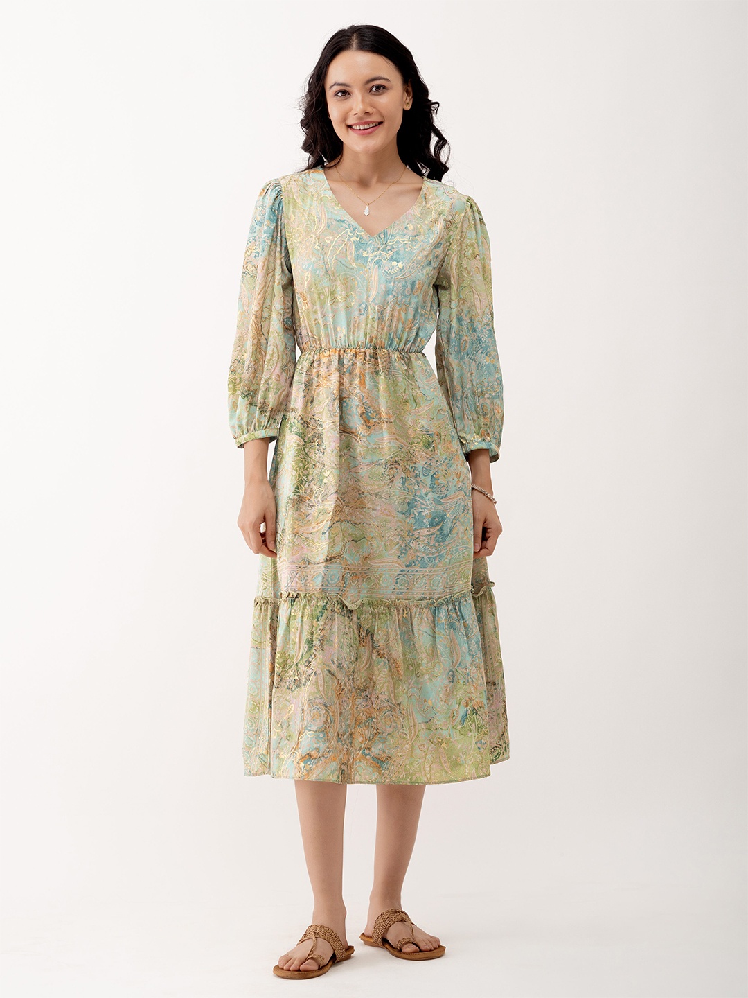 

AASK Abstract Printed Puff Sleeve Tiered Gather Detailed Fit & Flare Dress, Beige