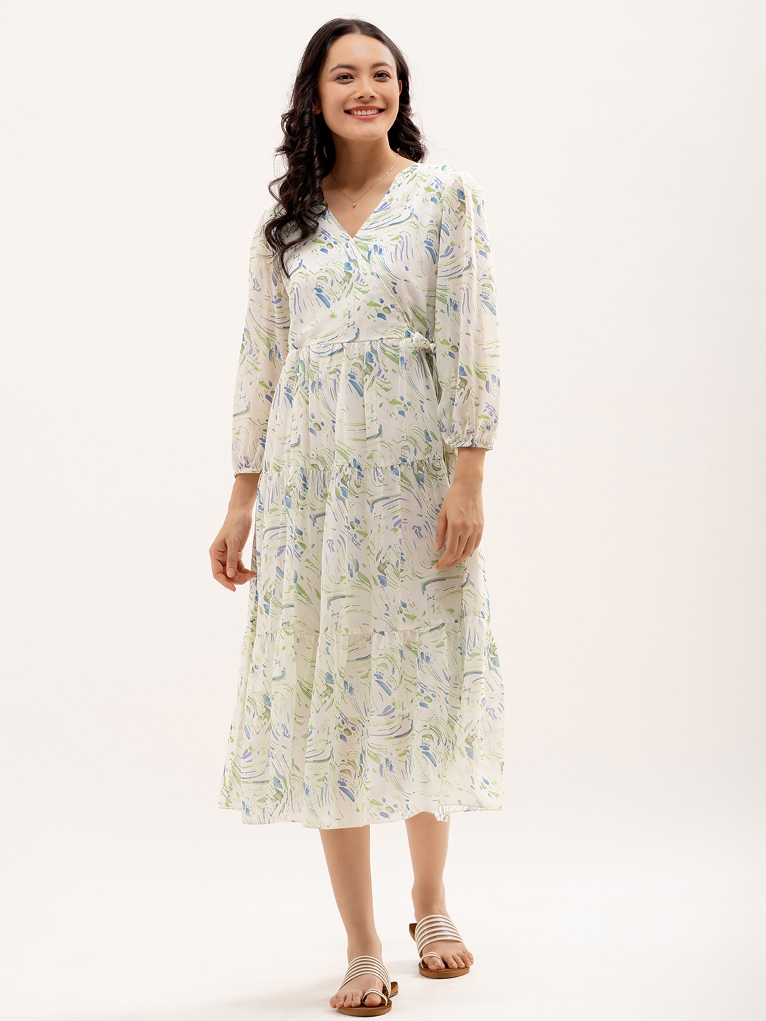 

AASK Abstract Printed Bishop Sleeve & Gathered Detailed Wrap Midi Dress, White