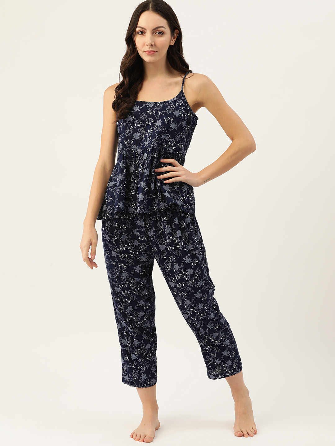 

ETC Floral Printed Night suit, Navy blue