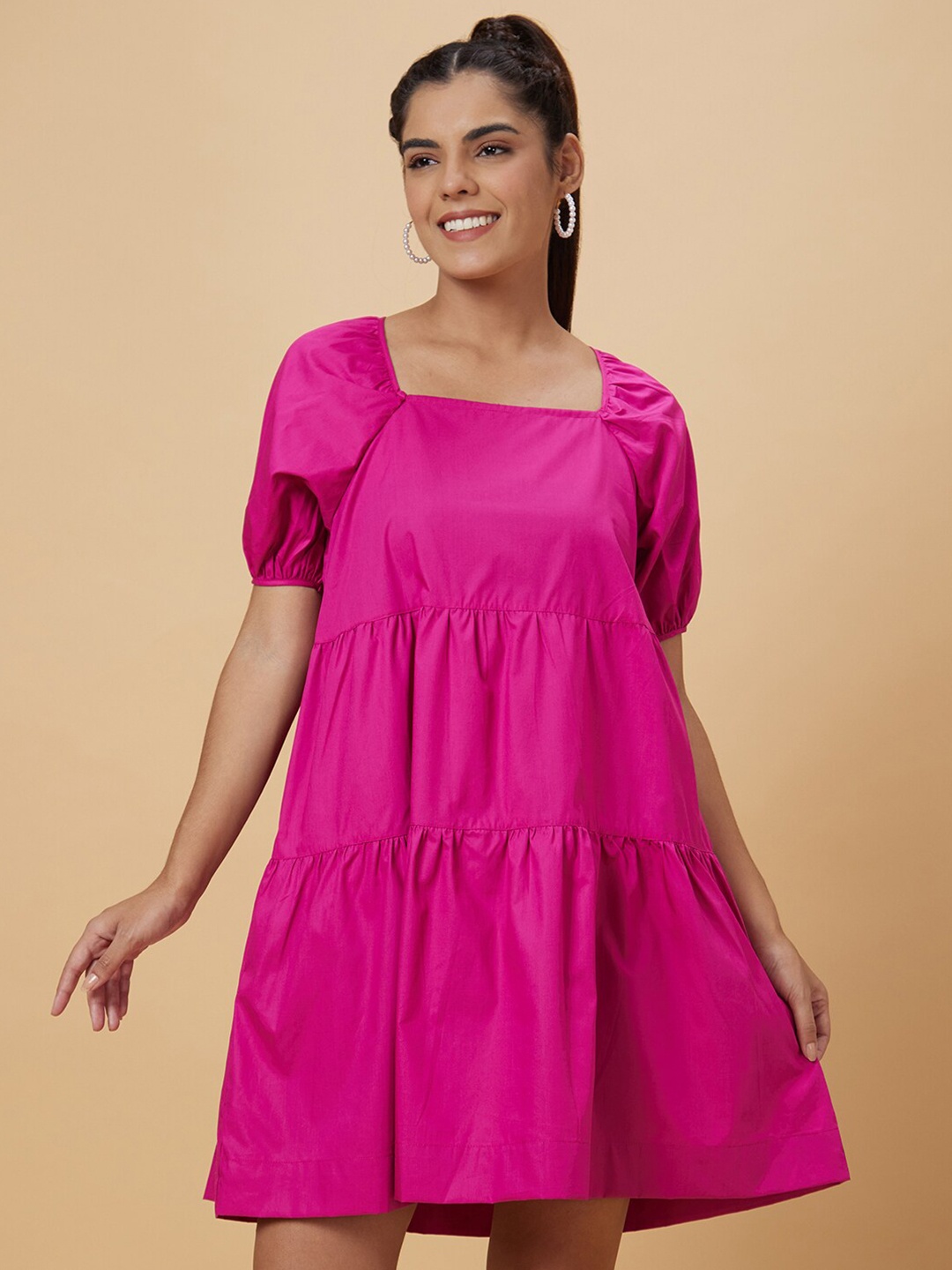 

Globus Puff Sleeve Tiered Pure Cotton A-Line Dress, Fuchsia
