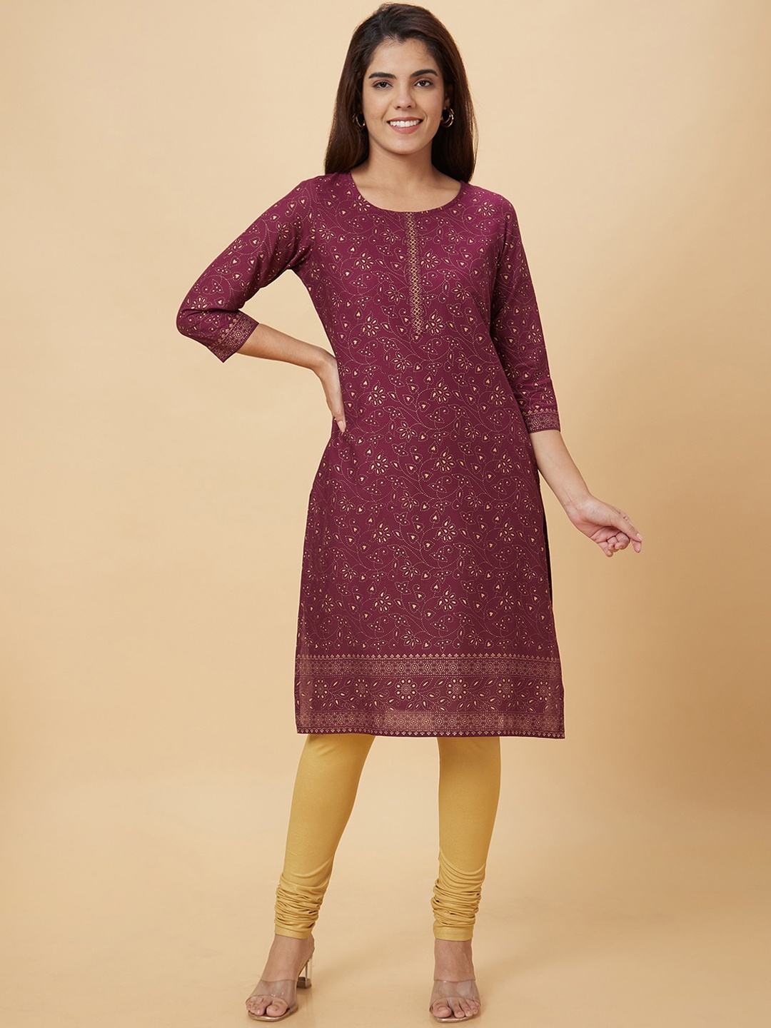 

Globus Ethnic Motifs Printed Straight Cotton Kurta, Purple