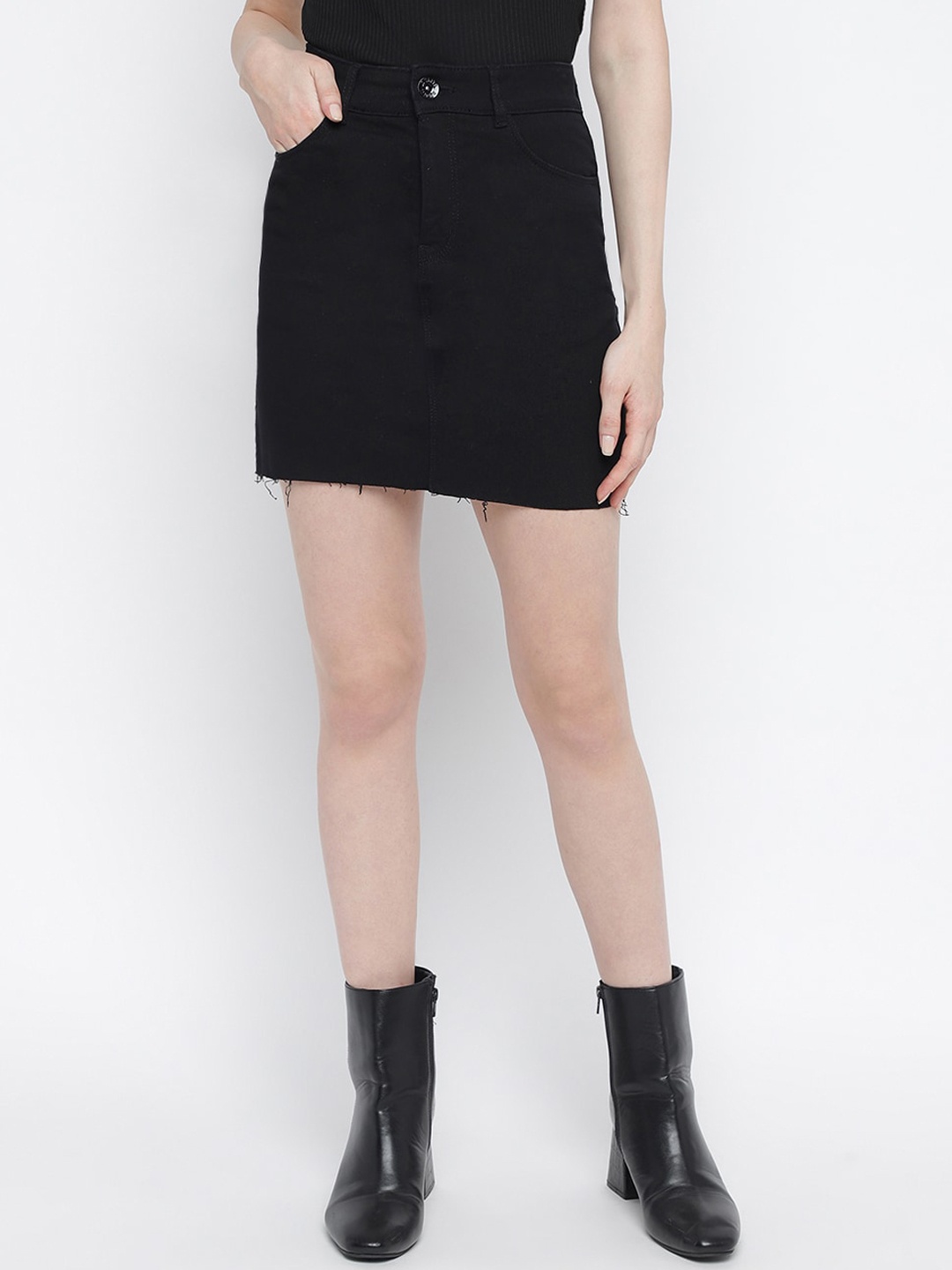 

DUDITI Frayed Hem Denim Skirt, Black