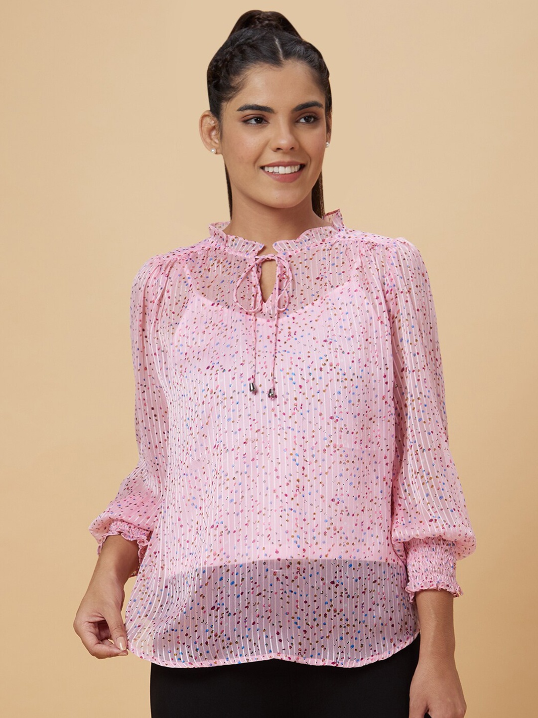 

Globus Abstract Printed Tie-Up Neck Cuff Sleeves Top, Pink