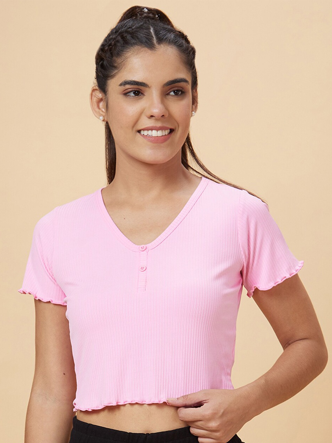 

Globus Pink V-Neck Ribbed Crop Top