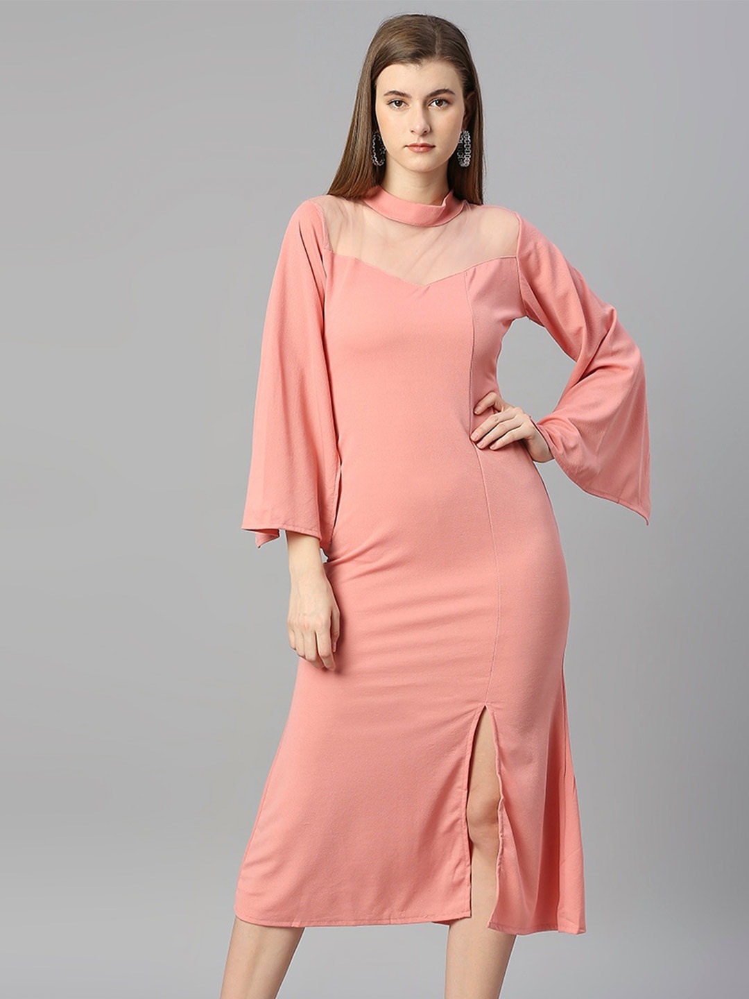 

Vaidehi Fashion Cape Sleeve Semi Sheer A Line Midi Dress, Peach