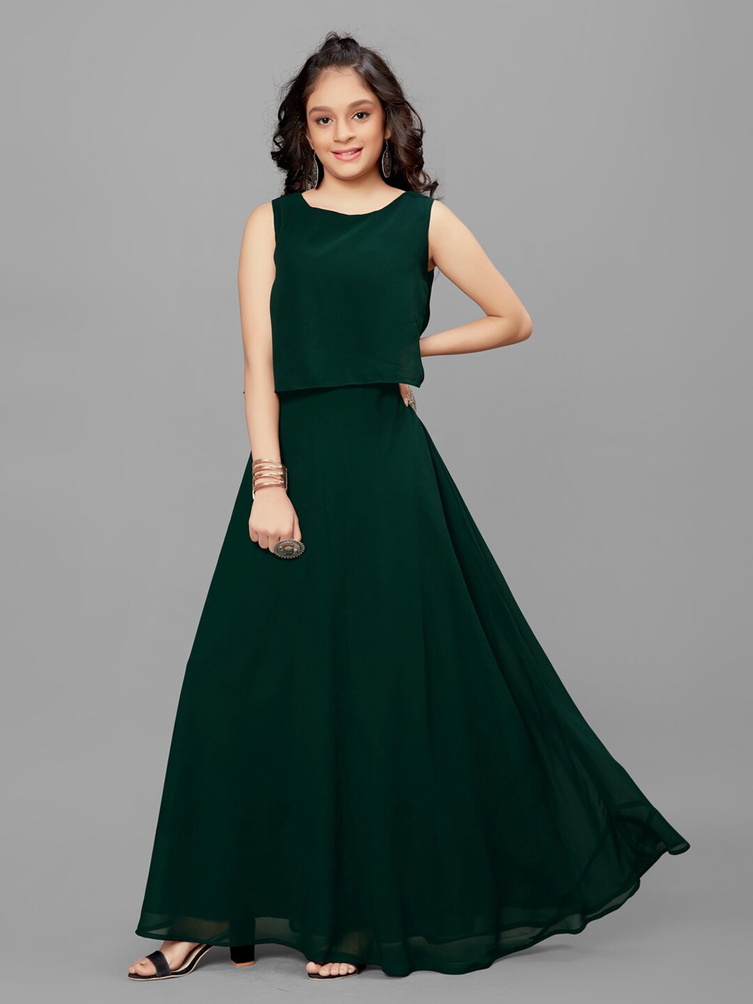 

FASHION DREAM Girls Round Neck Flare Hem Maxi Dress, Green