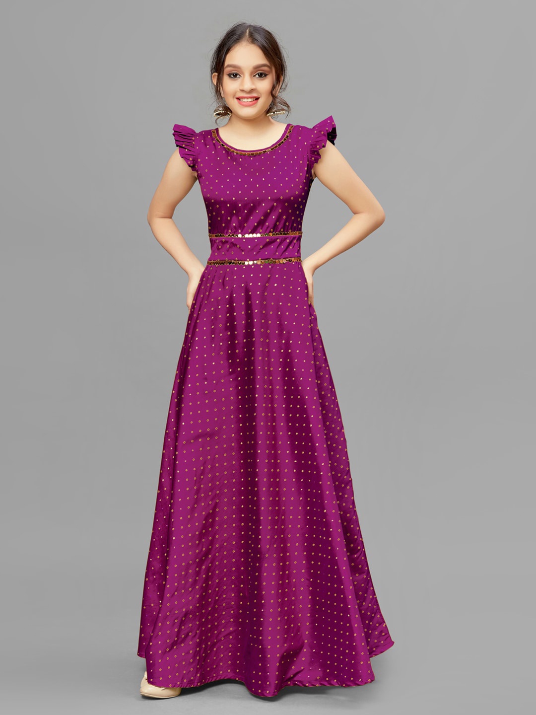 

FASHION Girls DREAM Embellished Cap Sleeves Jacquard Ethnic Maxi Dress, Purple