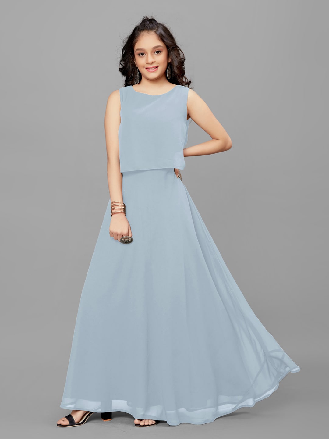 

FASHION DREAM Girls Round Neck Georgette Maxi Dress, Grey
