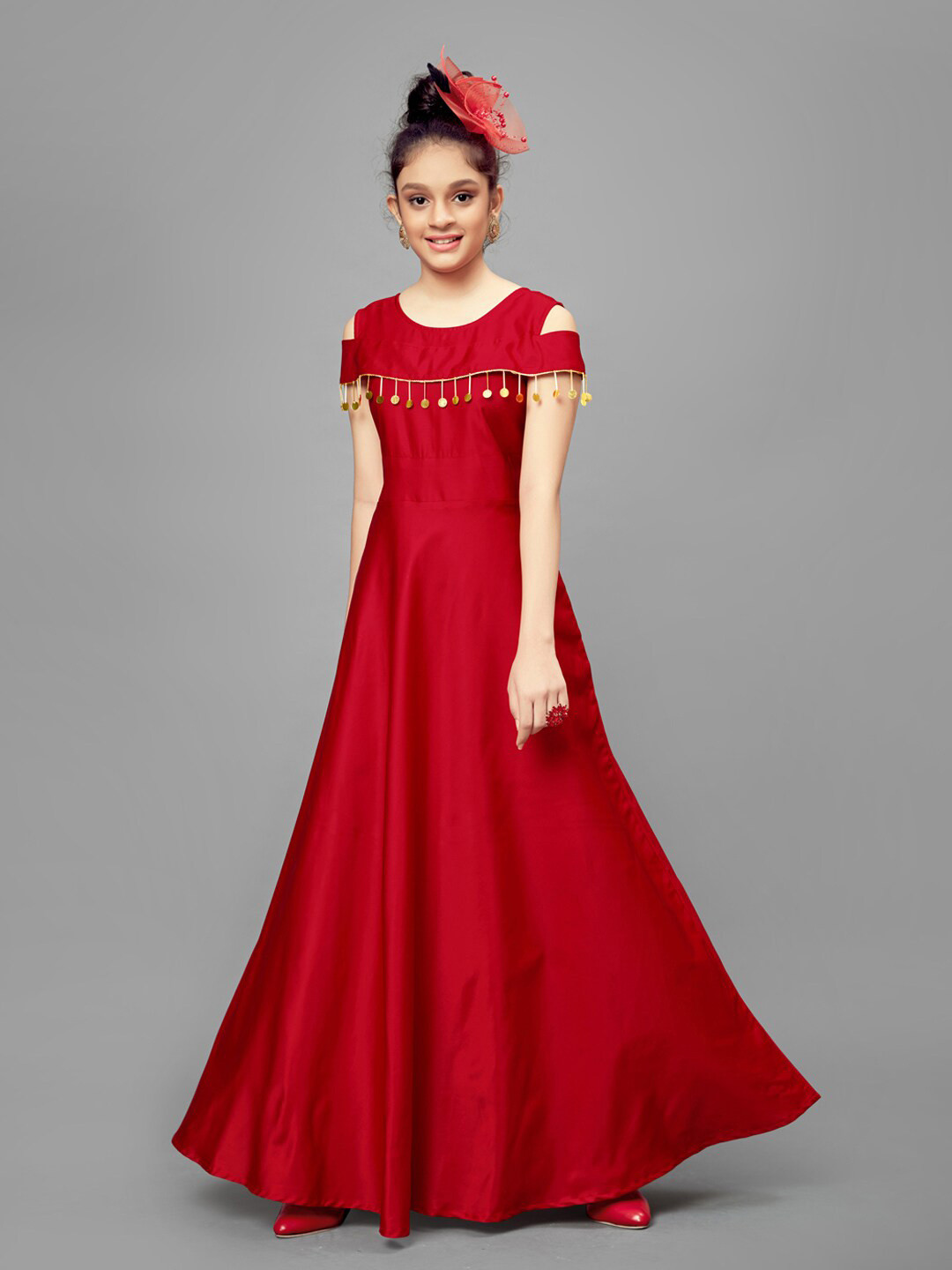 

FASHION DREAM Girls Cold Shoulder Sleeves & Embellished Detailed Fit & Flare Dress, Red