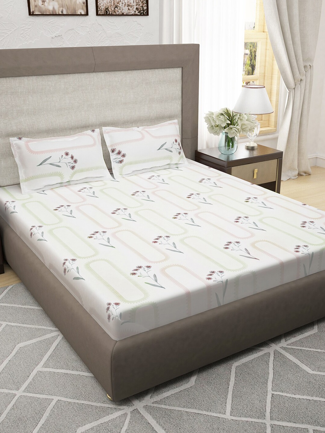 

Story@home Cream-Coloured & Green Floral Cotton 400 TC King Bedsheet With 2 Pillow Covers