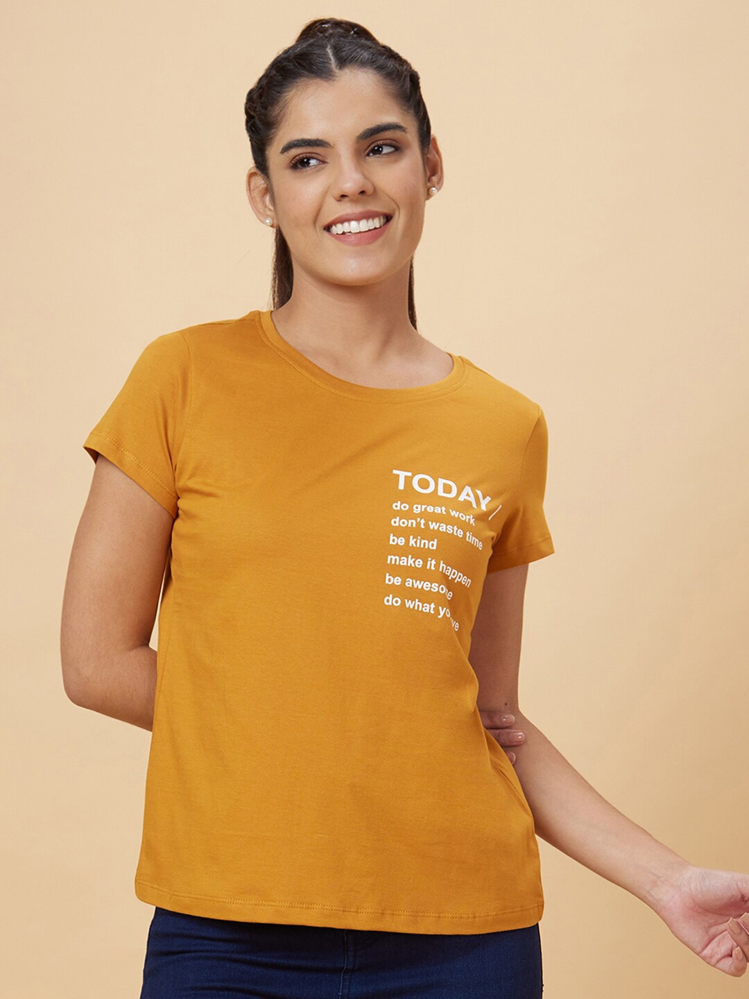 

Globus Yellow Typography Round Neck Pure Cotton T-shirt
