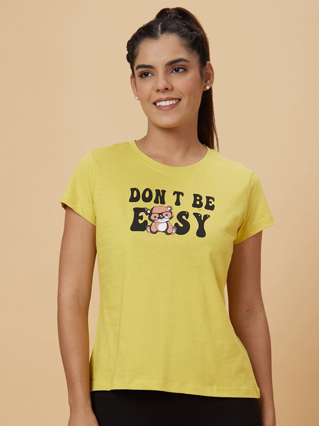 Globus Yellow Typography Round Neck Pure Cotton T-shirt