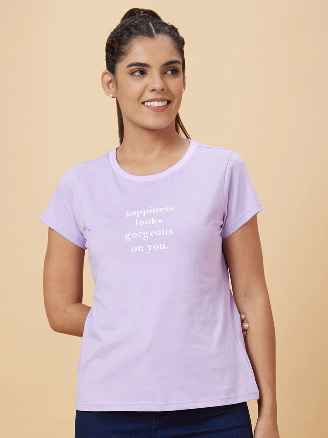 

Globus Lavender & White Typography Printed Knitted Pure Cotton T-Shirt