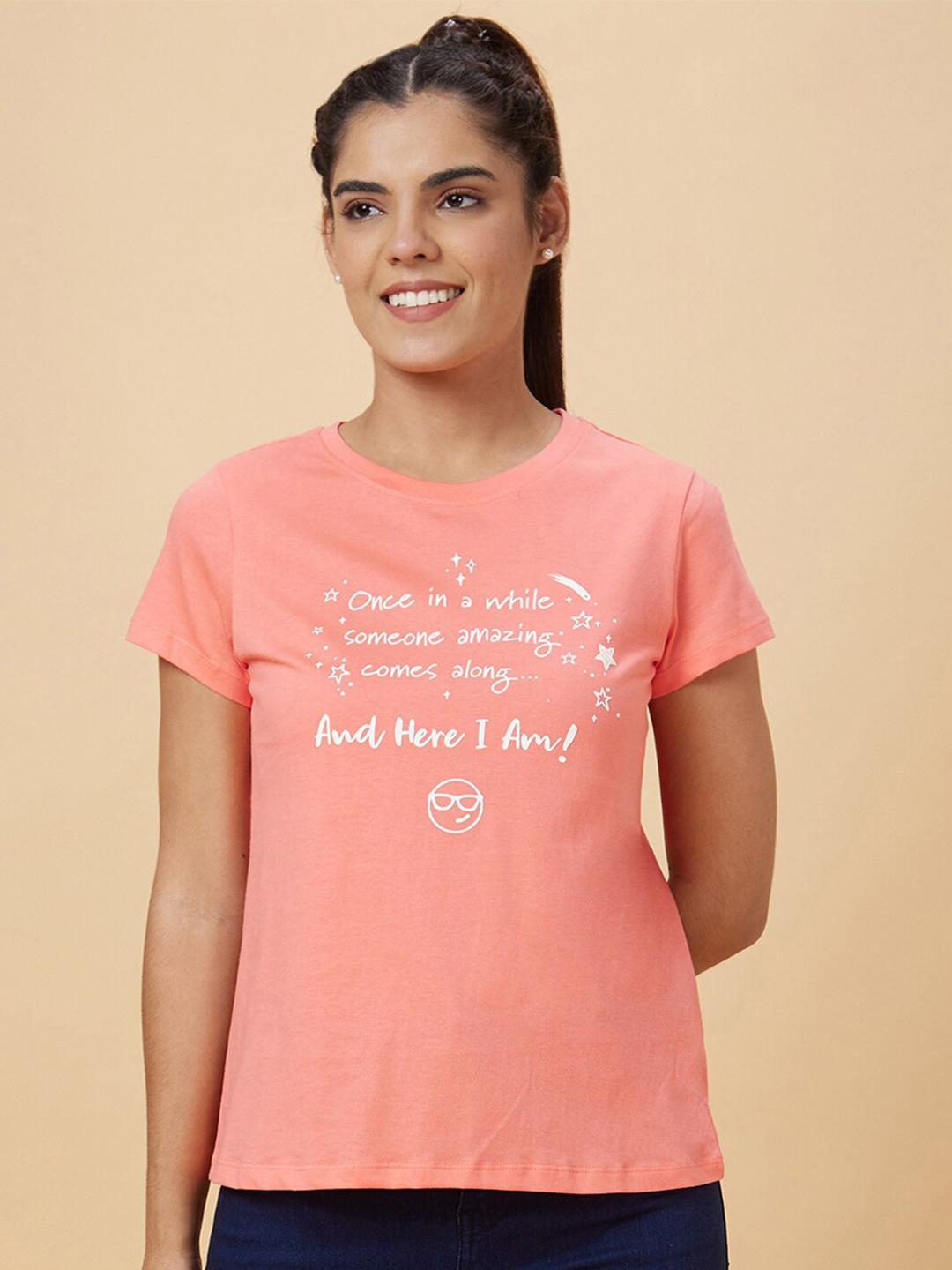 

Globus Pink Typography Round Neck Pure Cotton T-shirt