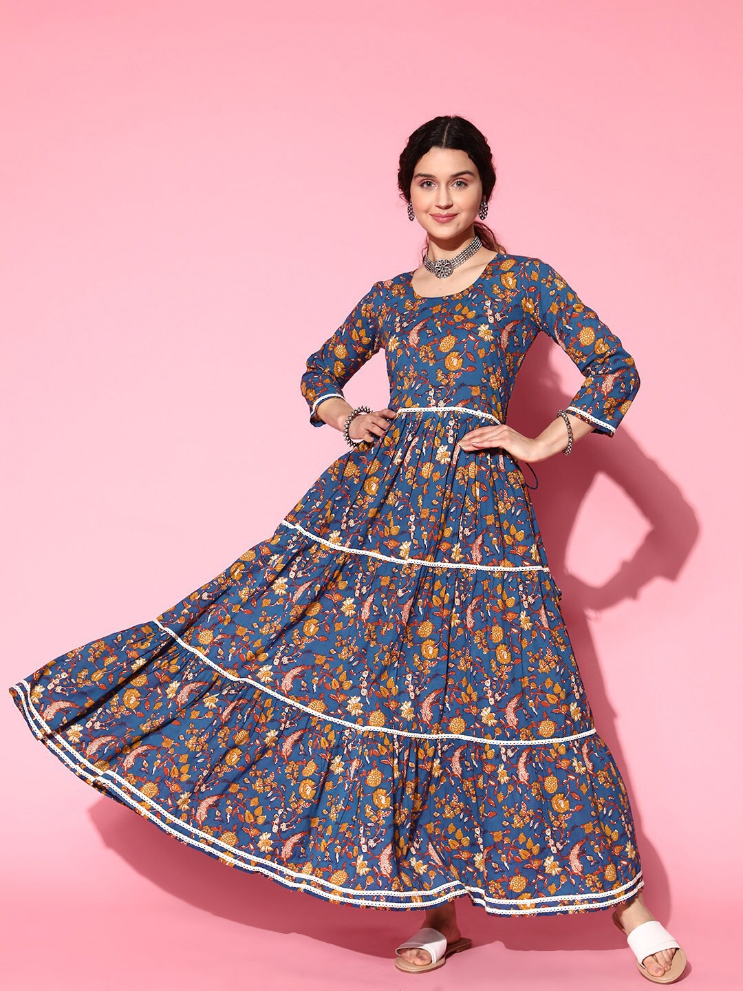 

InWeave Blue Ethnic Motifs Printed Tiered Fit & Flare Maxi Ethnic Dress