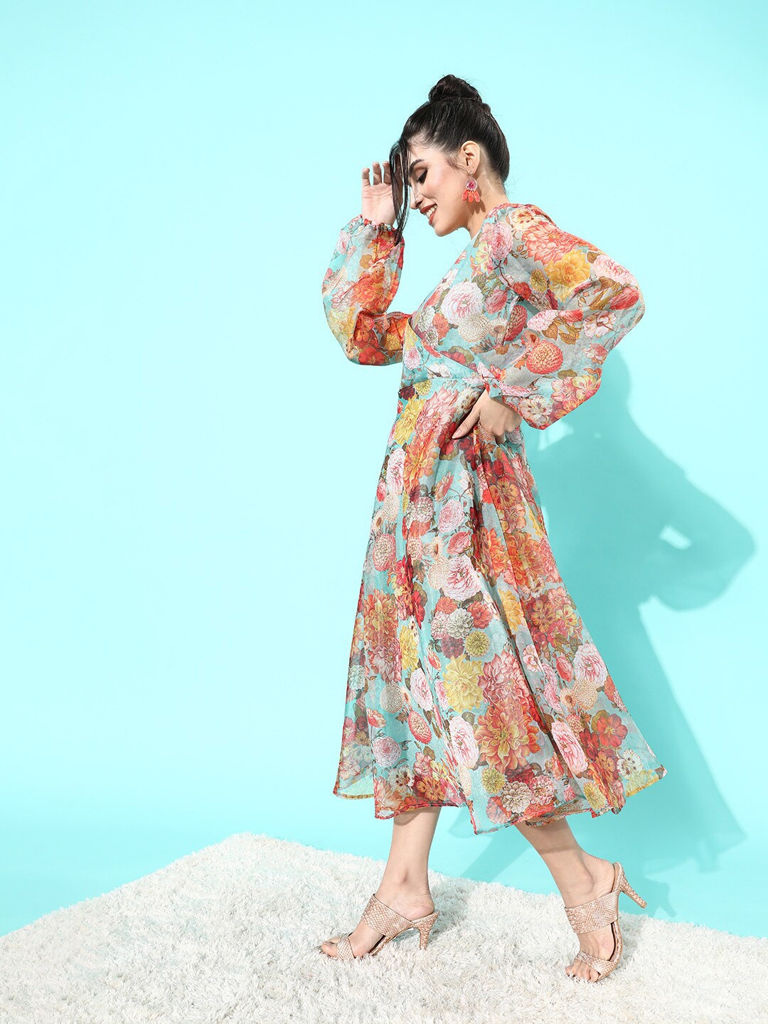 

InWeave Floral Printed V-Neck Puff Sleeves Midi Dress, Sea green