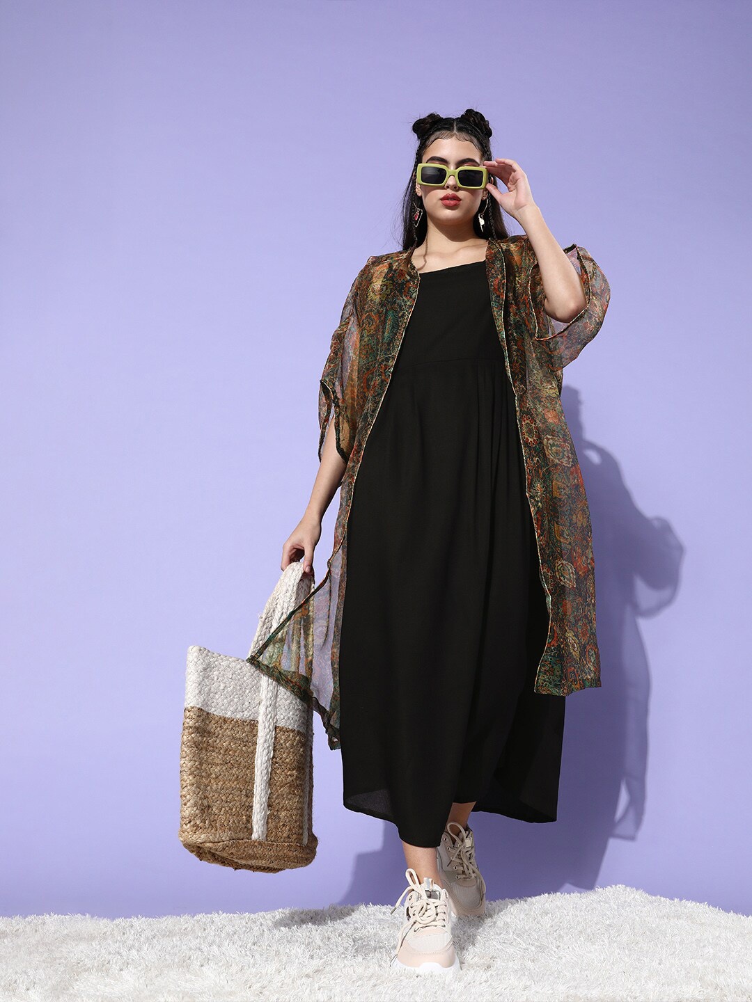 

InWeave Black Floral Printed Shoulder Straps A-Line Dress With Ethnic Motifs Shrug